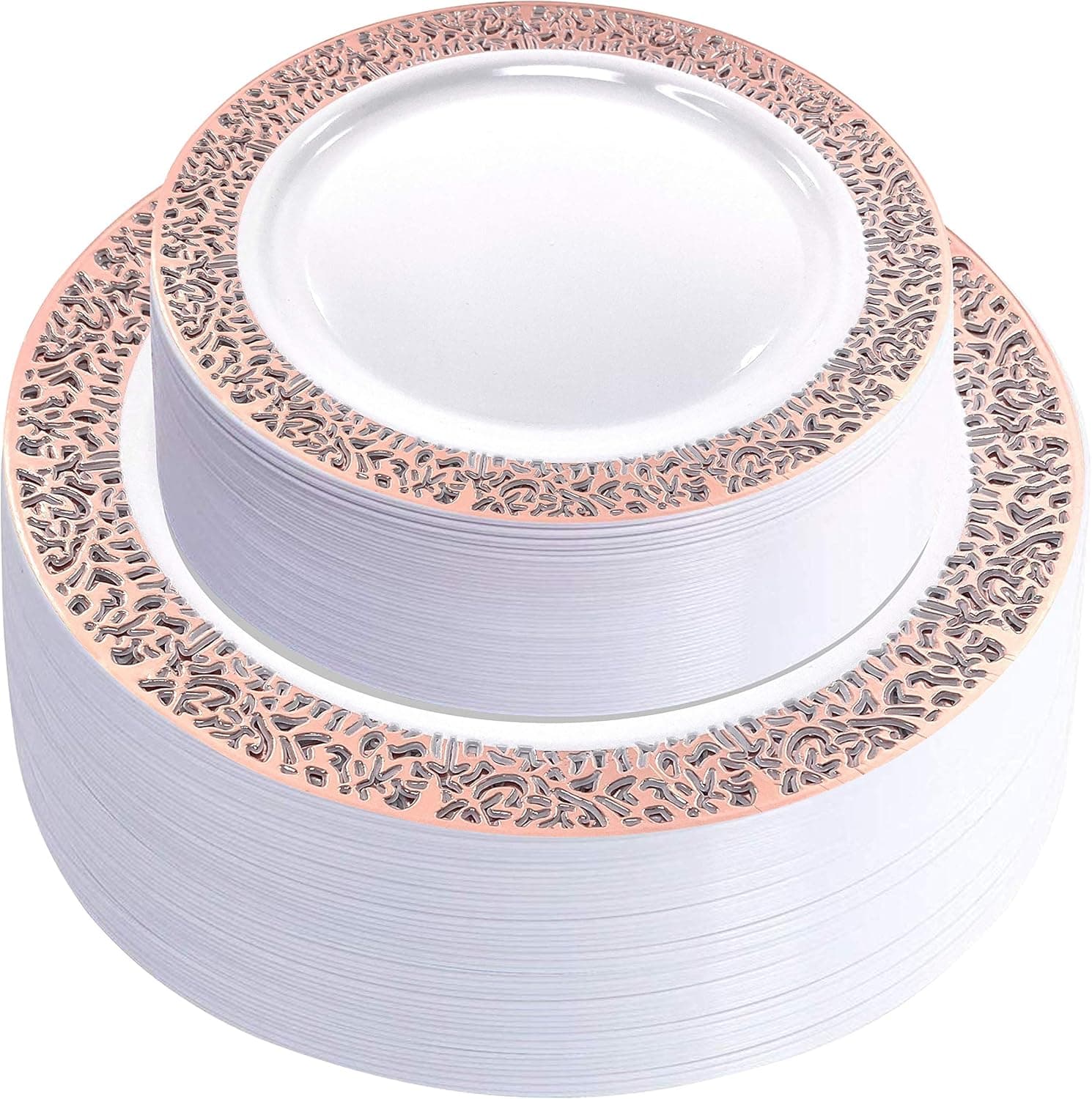 102 Rose Gold Lace Plastic Disposable Party Plates - 51 Heavy Duty Fancy Elegant Wedding Dinner Plates, 51 Salad/Dessert/Appetizer Plates