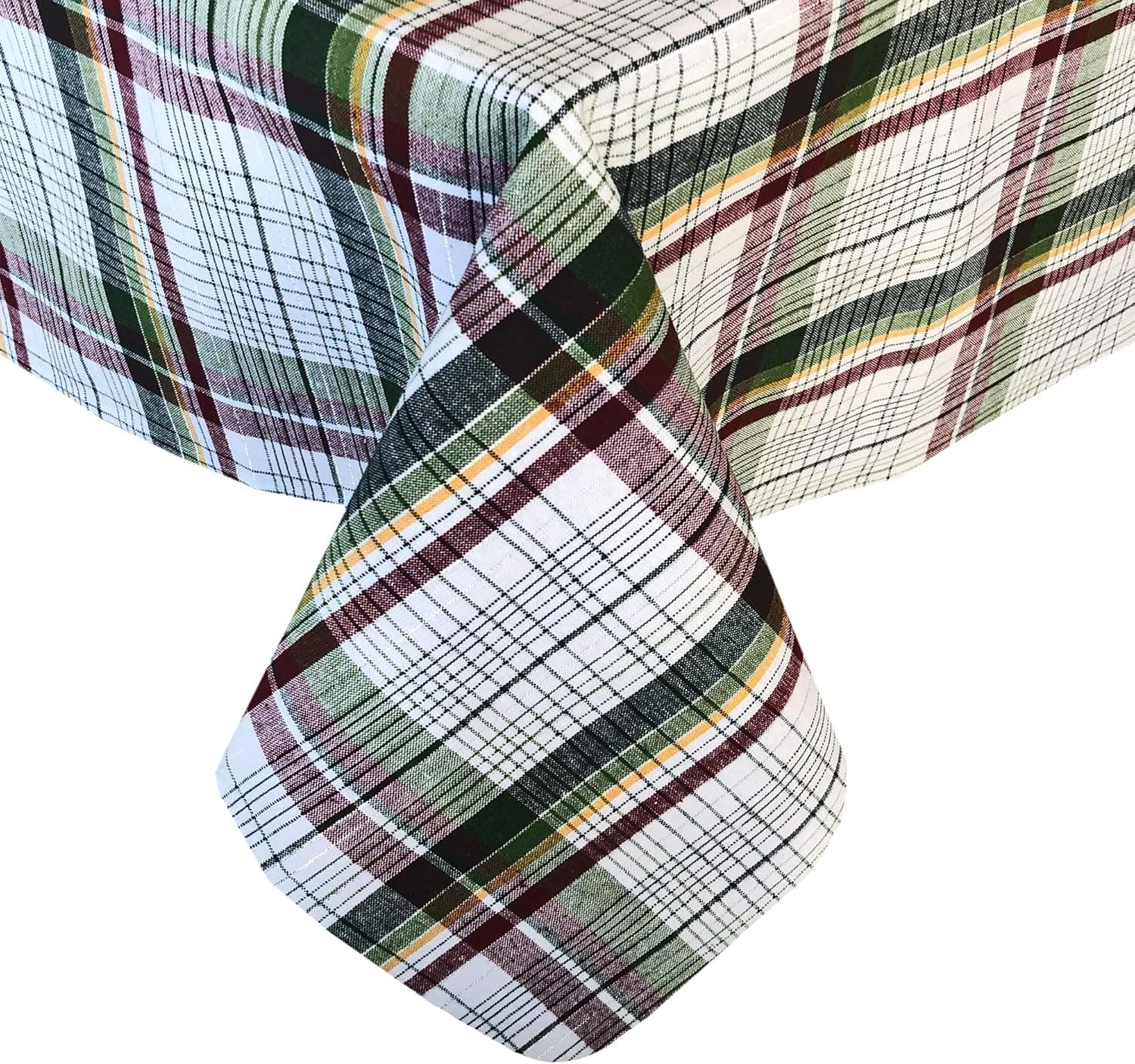 Lintex Stewart Tartan Country Cottage Plaid Cotton Fabric Tablecloth - Hunter and Burgundy Spring and Summer Plaid Tablecloth, 70” Round
