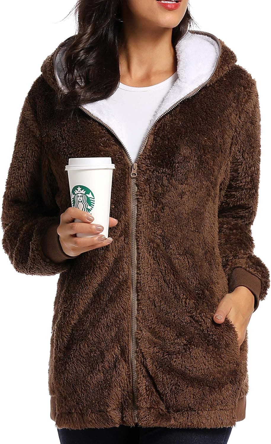 Caissip Fleece Coat for Women,Women's Oversized Zip Up Hooded Jacket Winter Plus Size Sherpa Coat