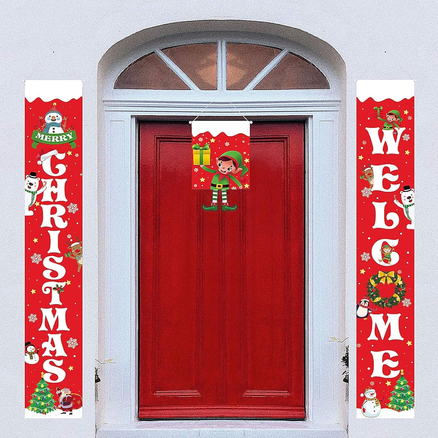 KISSTAKER Christmas Porch Sign, Welcome and Merry Christmas Hanging Sign for Holiday Home Indoor Outdoor Porch Wall Christmas Decoration (Elves)