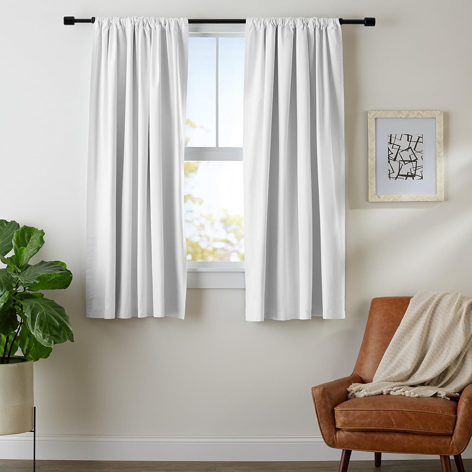 Amazon Basics Room Darkening Blackout Window Curtain with Tie Back, 52 x 63 Inches, White - Set of 2