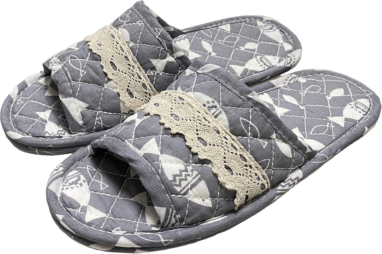 Machine Washable Cotton Quilted Double-Padded Open-Toe Summer House Slippers in White, Navy Blue, Vintage Pink Floral, Light Turquoise, Lemon Custard, and Red Cherry