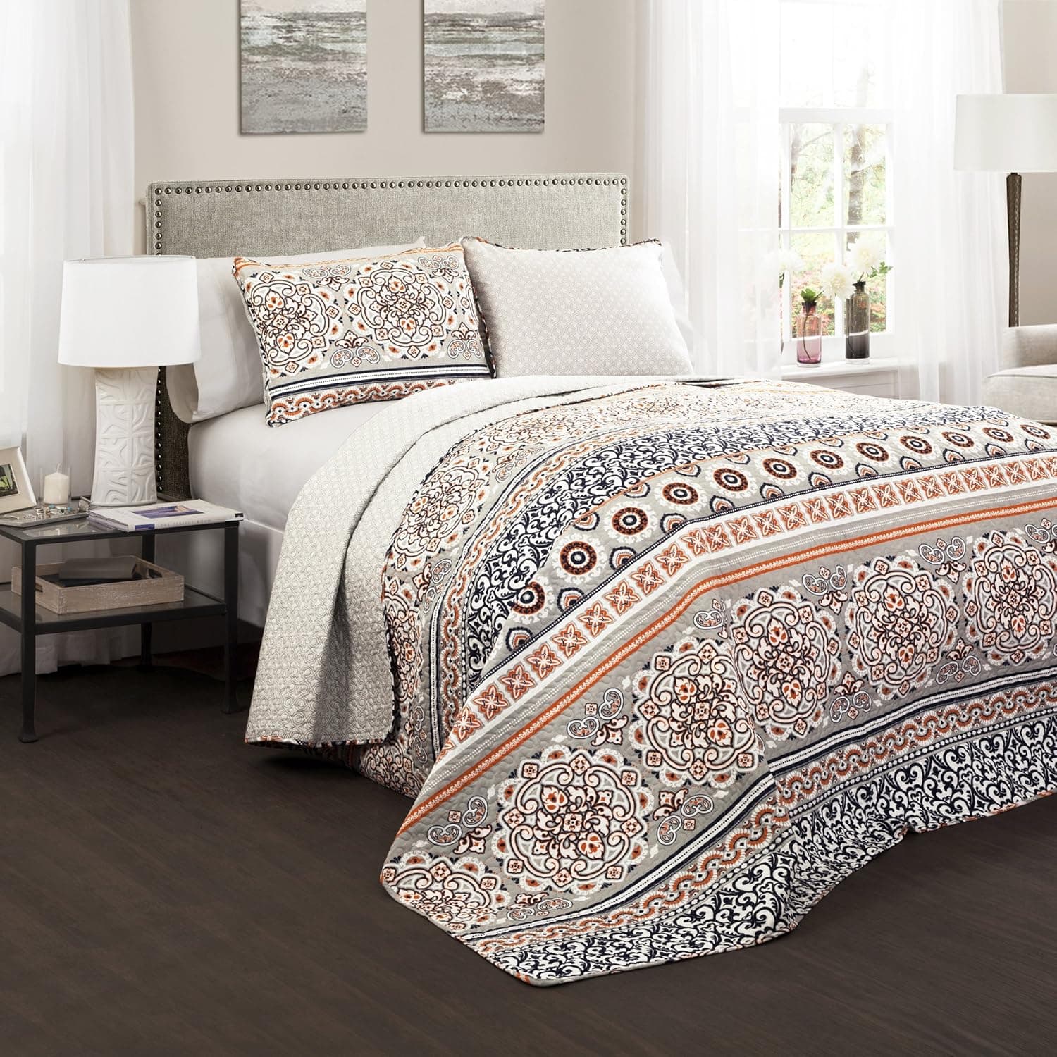Lush Décor Nesco Quilt Set Striped Pattern Reversible 3 Piece Bedding Set - Navy/Coral - Full/Queen Quilt Set
