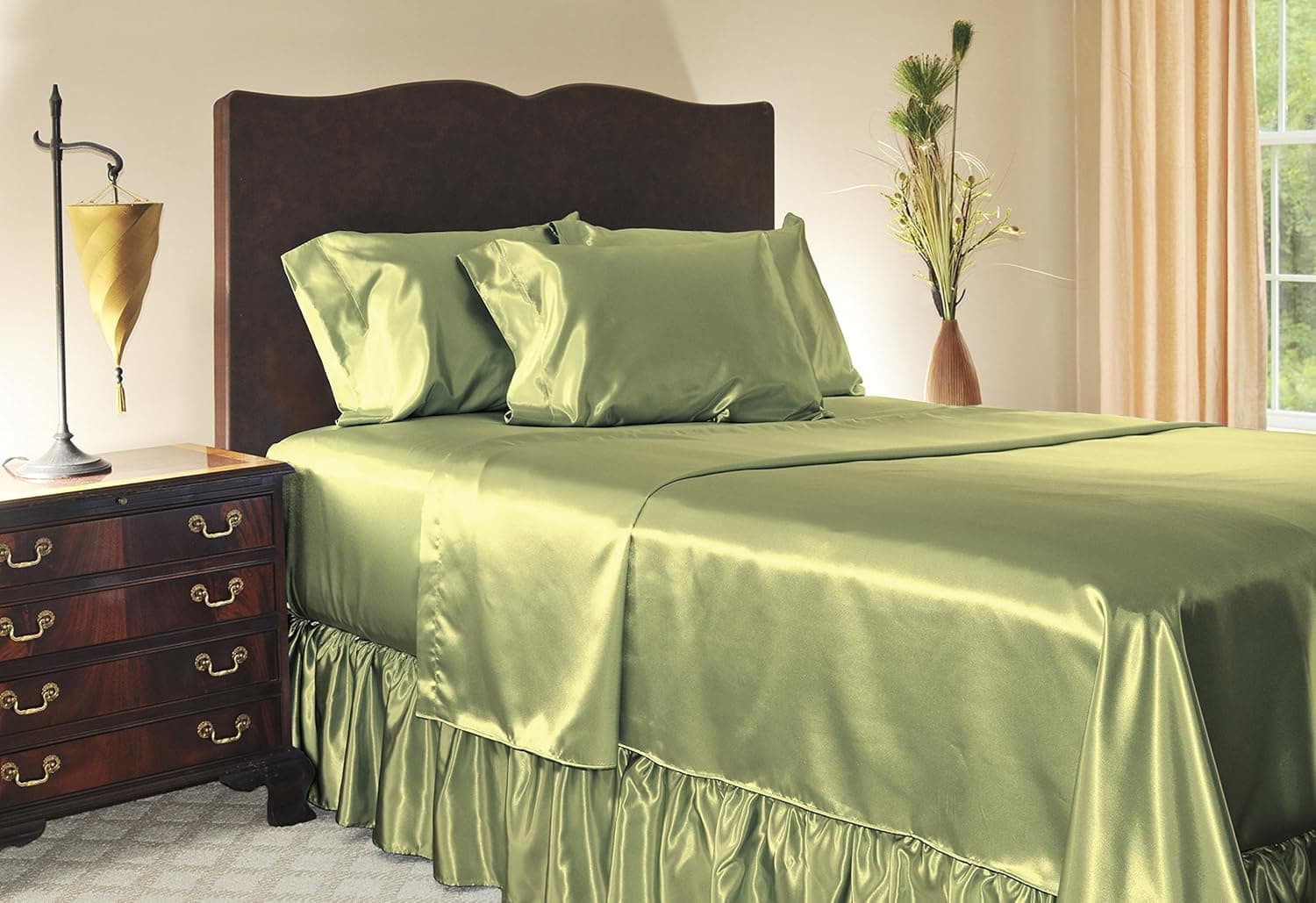 Sweet Dreams Satin Sheet Set- Wrinkle Free and Stain Resistant Super Soft Luxury Satin Bed Sheets and Pillowcase Set - Full XL - Sage