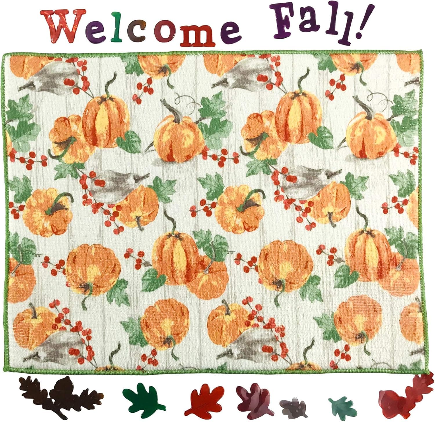 Fall Pumpkin Dish Drying Mat: Colorful Orange Pumpkins with Harvest Green Vines Red Berries on Rustic Background