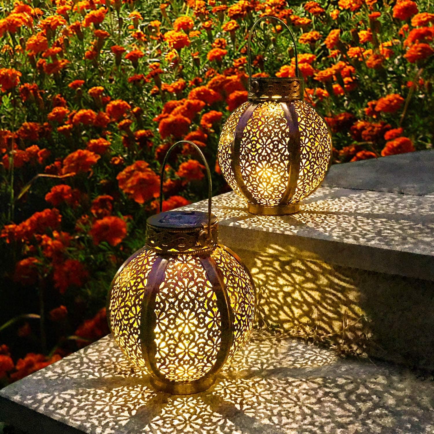 Solar Lantern Lights Hanging Lanterns，Devo 2022 New Tabletop Lanterns Solar Lights with Handle Outdoor Garden Decorative Lights 8H Iron Art Waterproof Anti-Rust Spherical Brown (2 Packs)