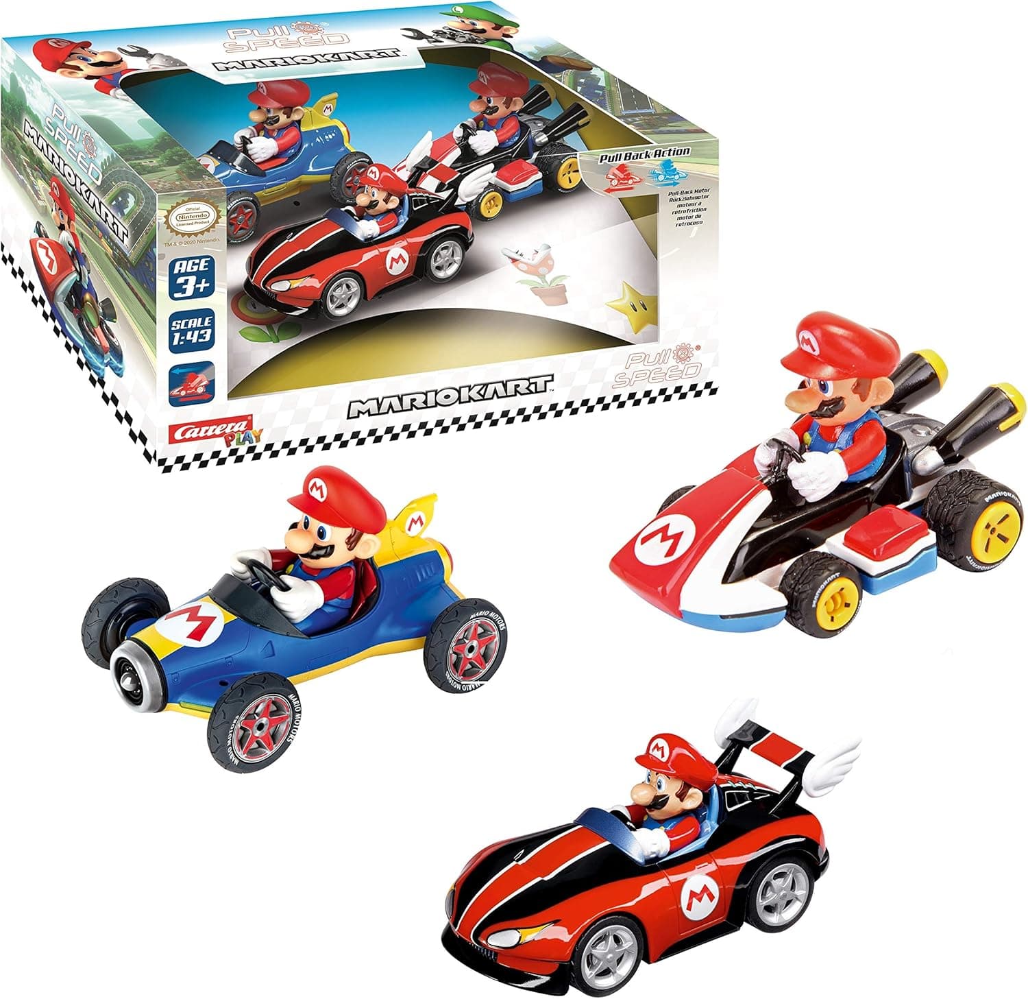 Carrera Pull & Speed 15813016 Official Licensed Kids Toy Car Pull Back Vehicle for Ages 3 and Up - Mario Kart Mario / Wild Wing Mario / Mach 8 Mario