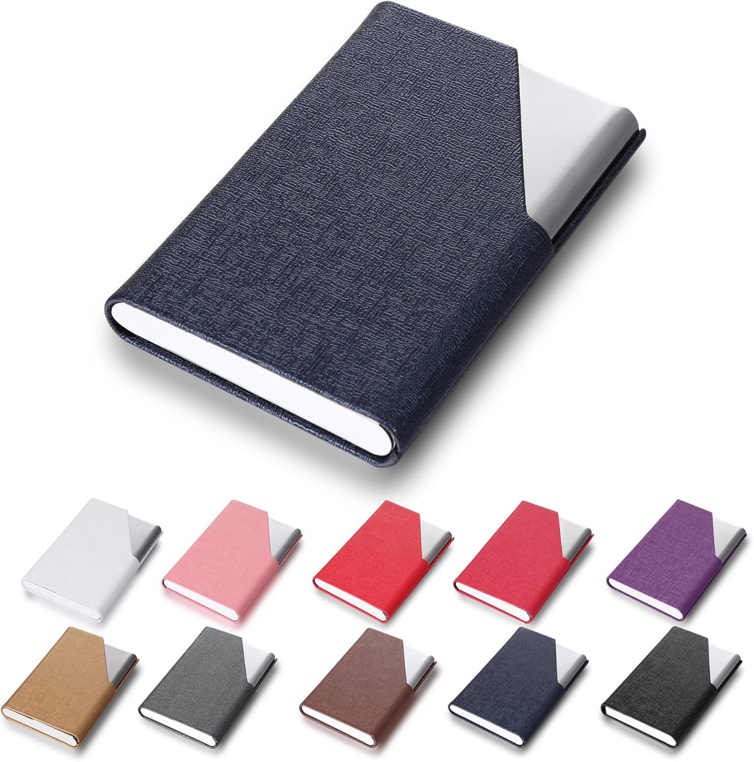 Efaithtek Professional Business Card Holder Business Name Card Holder Luxury PU Leather & Stainless Steel Multi Card Case - Keep Your Business Cards Clean (Blue)