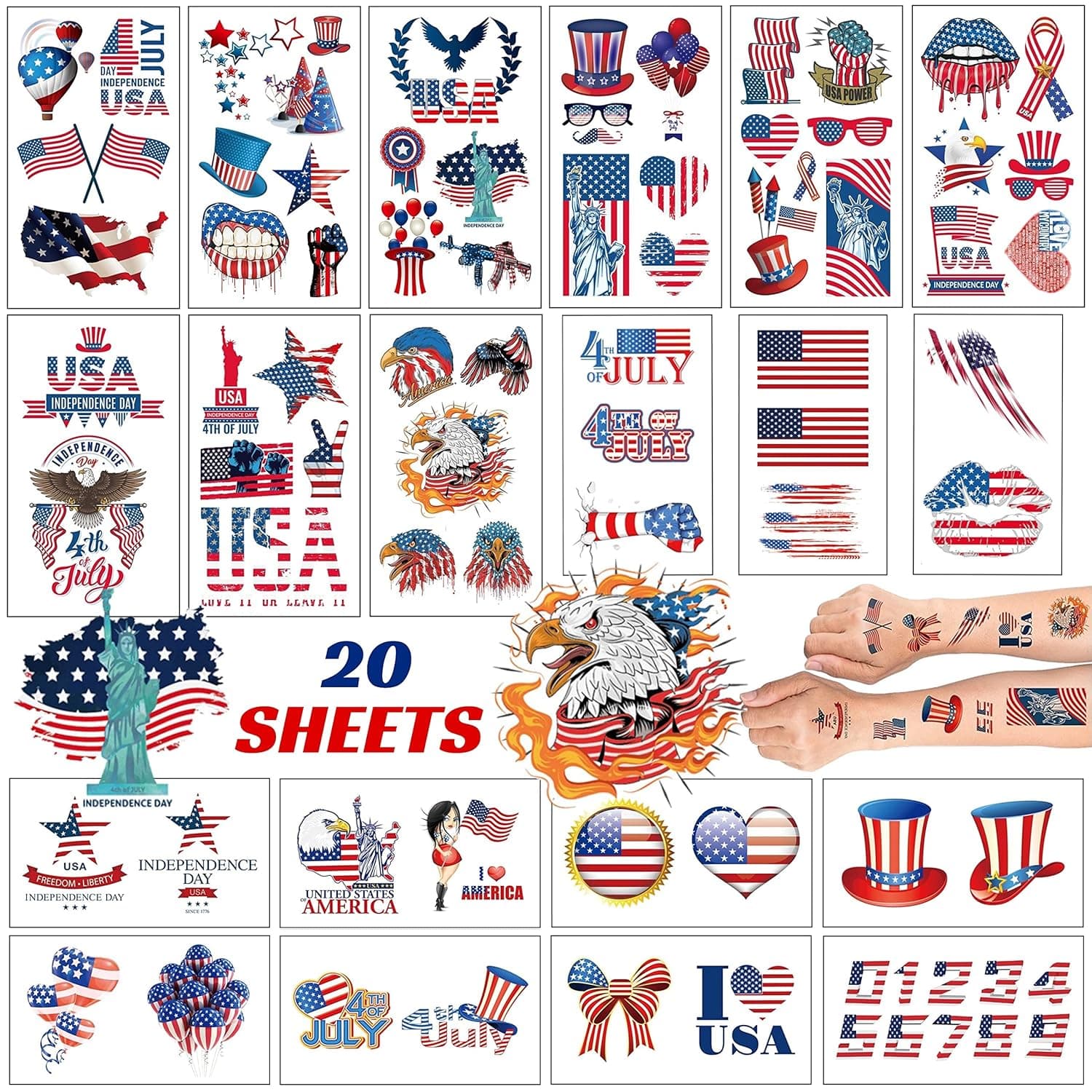 Masper 20 Sheets 4th of July Tattoos, 80 Patriotic Tattoos Temporary, USA Temporary Tattoos, American Flag Red White and Blue Tattoos, USA Face Tattoos