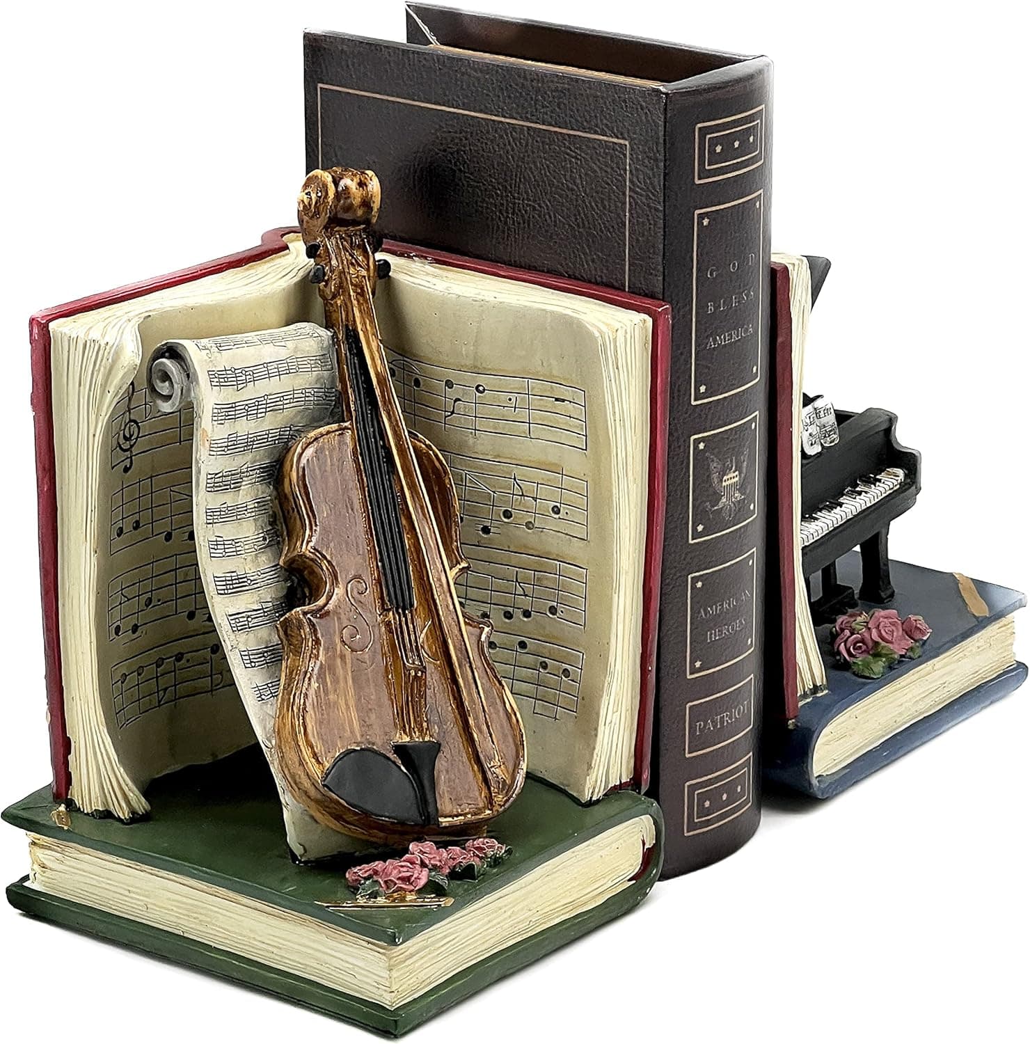 Bellaa 20430 Decorative Bookend Music Lover Acoustic Violin Musical Notes Piano Luxury Bookshelf Decor Tabletop Shelves Nonskid Book Stoppers Vintage Antiques