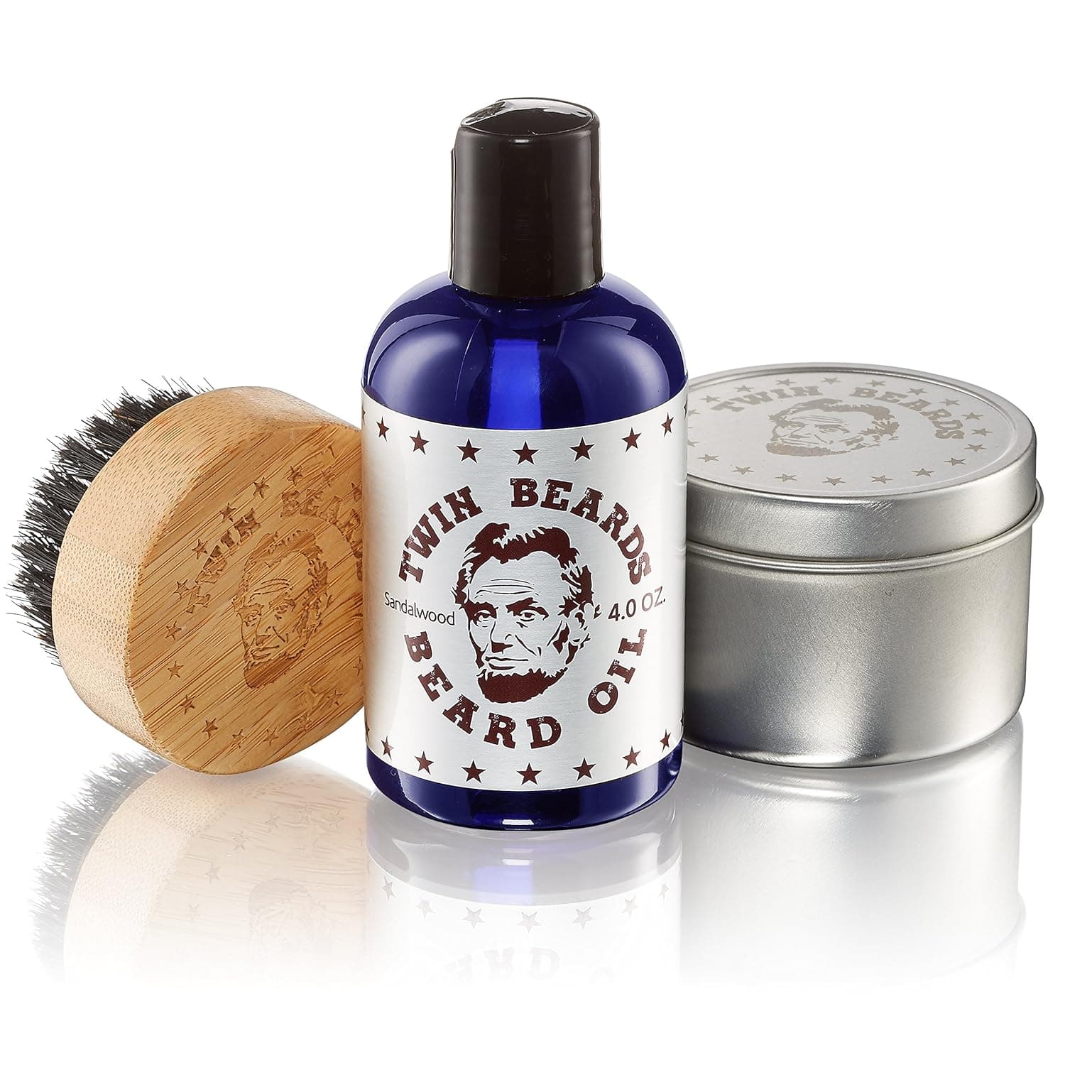 Twin Beards Beard Care Set for Men | 100% Boar Bristle Beard Brush & Metal Tin | Vitamin E for Healthy Skin | Conditions for a Soft & Full Beard | Sandalwood & Jojoba Oil | 4 Oz U.S.A.