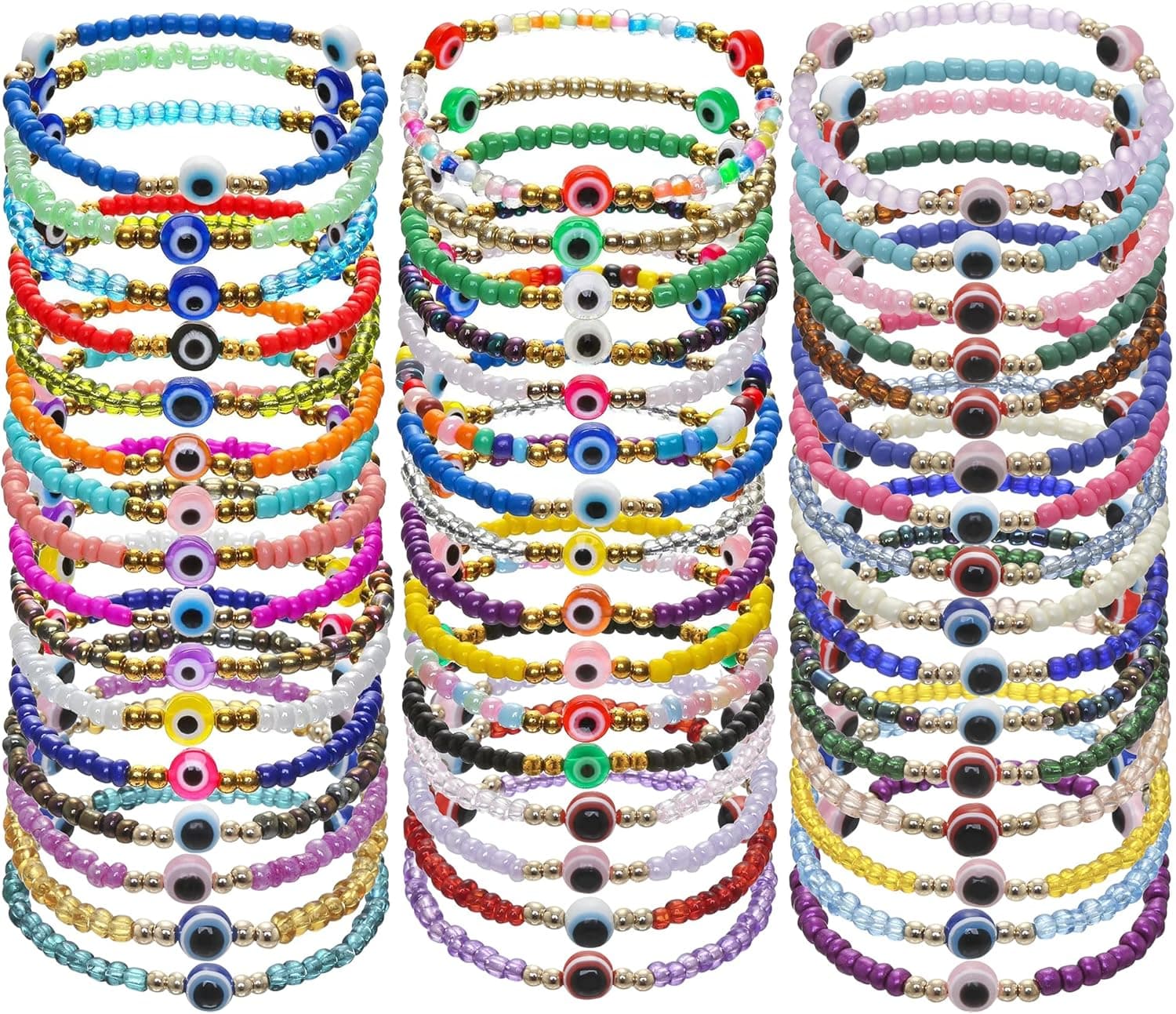 Dalinner 12/24Pcs Beaded Evil Eye Bracelet for Women Handmade Elastic Protection Bracelet Good Luck Nazar Amulet Bangle Lucky Turkish Religious Symbol Jewelry