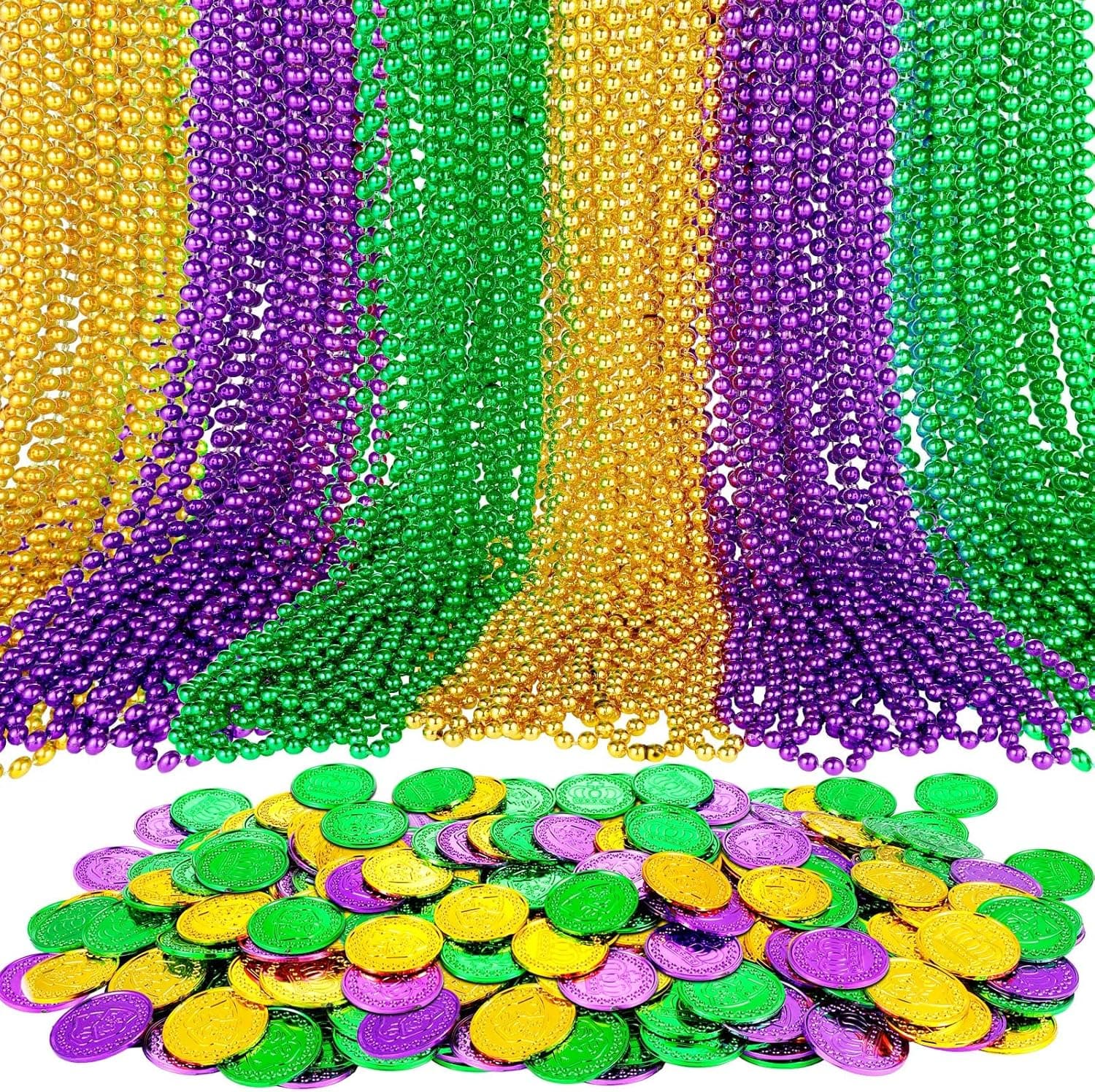 Rtteri 344 Pcs Mardi Gras Beads Necklace Plastic Coins Sets, 144 Mardi Gras Beads Bulk 200 Mardi Gras Plastic Coins for Mardi Gras Party, New Year Parade, St Patrick Day Celebrations, 3 Colors