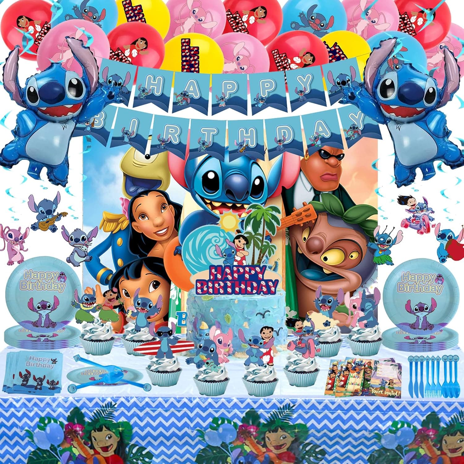 Lilo and Stitch Party Supplies, Lilo and Stitch Birthday Decorations include Stitch Foil Balloon, Balloons, Backdrop, Cake Toppers, Birthday Banner, Tableware, Stitch Stickers, Hanging Swirls for Kids and Adults