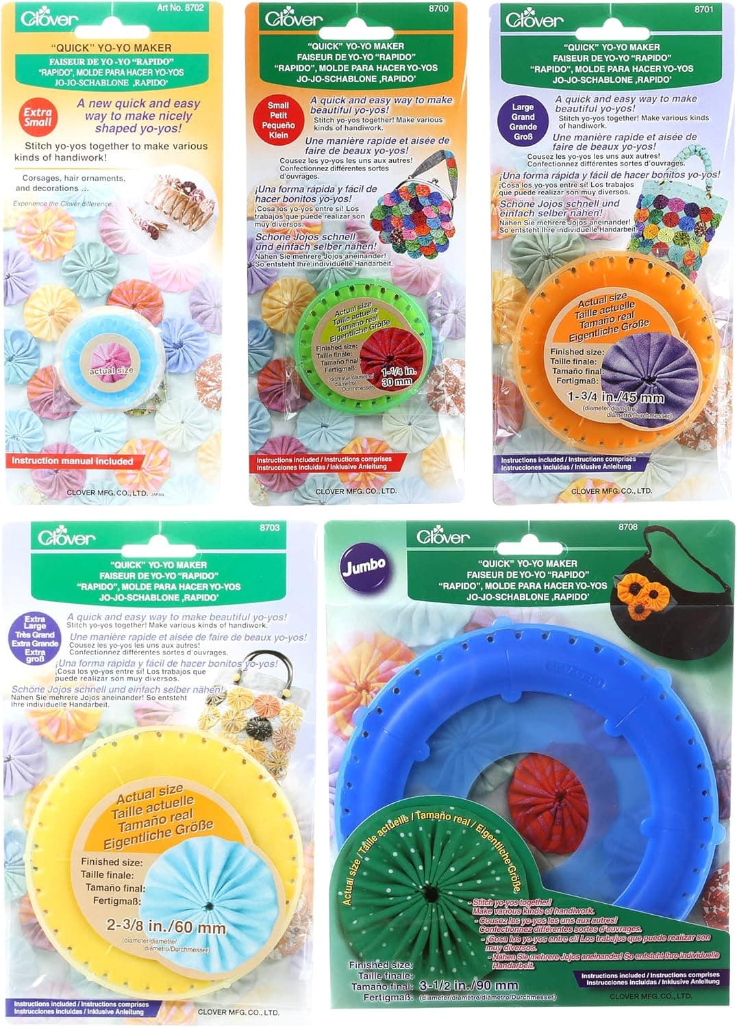 Bundle of Five (5) Quick Yo-Yo Makers: Extra Small (makes 3/4" yo-yos), Small (makes 1.25" yo-yos), Large (makes 1.75" yo-yos), Extra Large (makes 2-3/8" yo-yos), and Jumbo (makes 3.5" yo-yos)