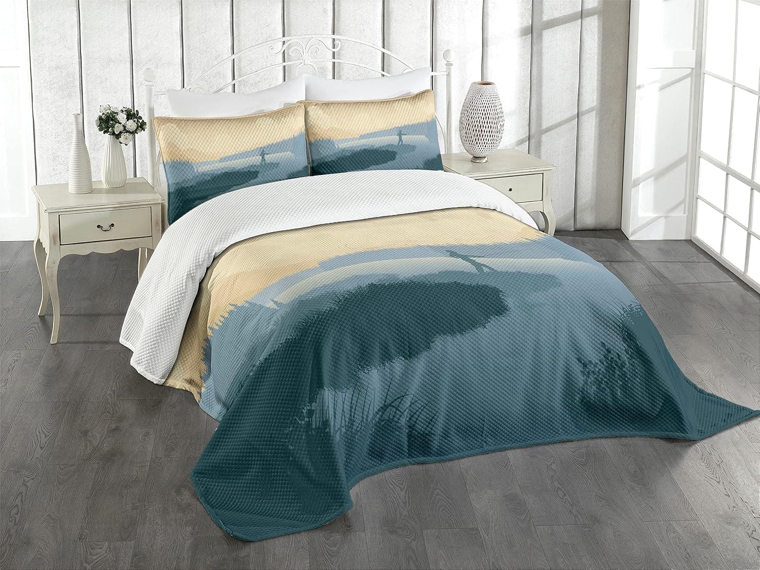 Lunarable Fishing Bedspread, Illustration Landscape of an Angling Fisherman in the Misty Scene Dusty Blue and Beige Tone, Decorative Quilted 3 Piece Coverlet Set with 2 Pillow Shams, Queen Size, Brown