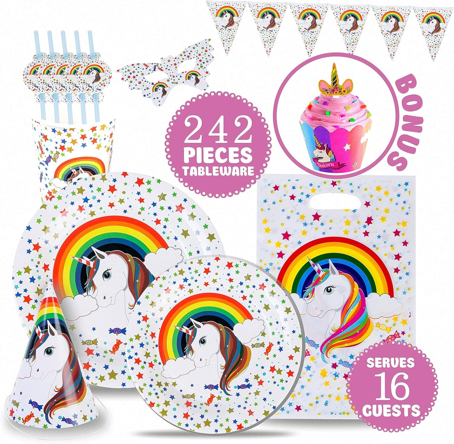 ATOMFIT FULL UNICORN BIRTHDAY PARTY SUPPLY SET, 242 PIECE Servers 16 GUESTS, UNICORN Themed Party Favors including Banner + Tableware + Eye Masks + Gift Bags + Cupcake Wrappers and Toppers + Invitations + Hats + Gift bags + Blowouts | Best Value Unicorn Decorations Set That Give to Make a Long Lasting Magical Memorable Party