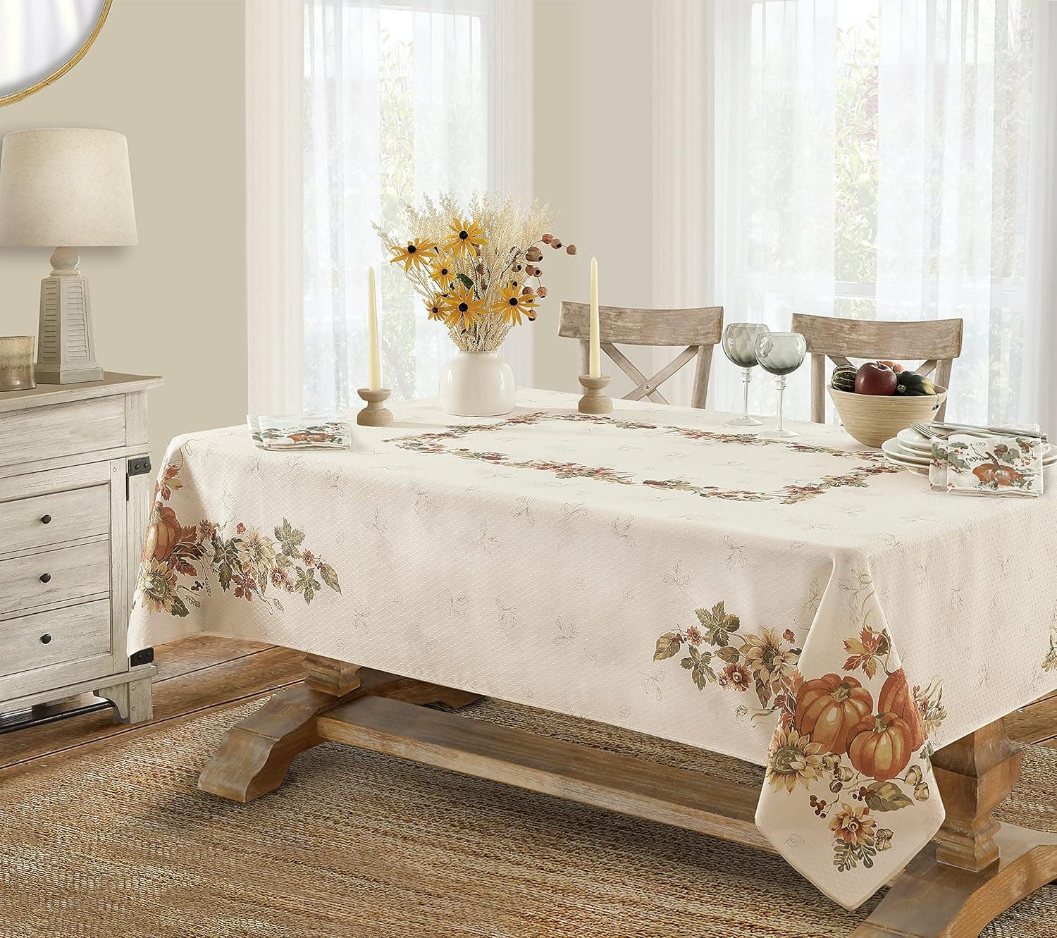 Lintex Stockbridge Pumpkin Harvest Bordered Thanksgiving Tablecloth, Autumn Fall Leaf, Sunflower and Acorn Border Print Easy Care Fabric Tablecloth, 60 Inch x 144 Inch Oblong/Rectangle
