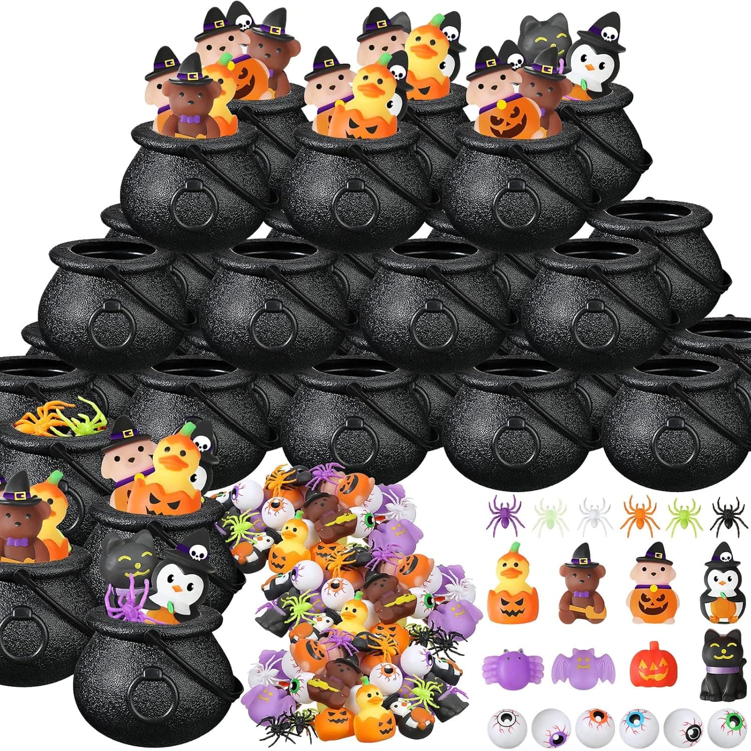 120 Pack Halloween Party Favors Set, 24 Pcs Prefilled Cauldrons with Halloween Squishy Animals Toys, Eyeballs and 48 Pcs Spider Rings for Halloween Trick or Treat, Carnival Game Prizes Exchange