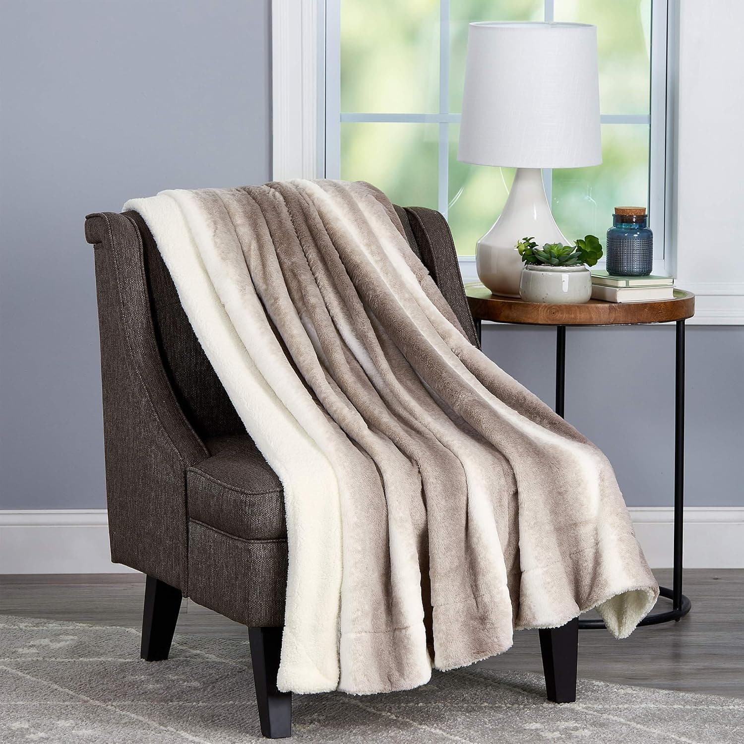 Faux Fur Throw Blanket- Luxurious, Soft, Hypoallergenic Faux Rabbit Fur Blanket with Sherpa Back for Couch, Bed, Decor, 60”x70” by BH (Cream Beige)