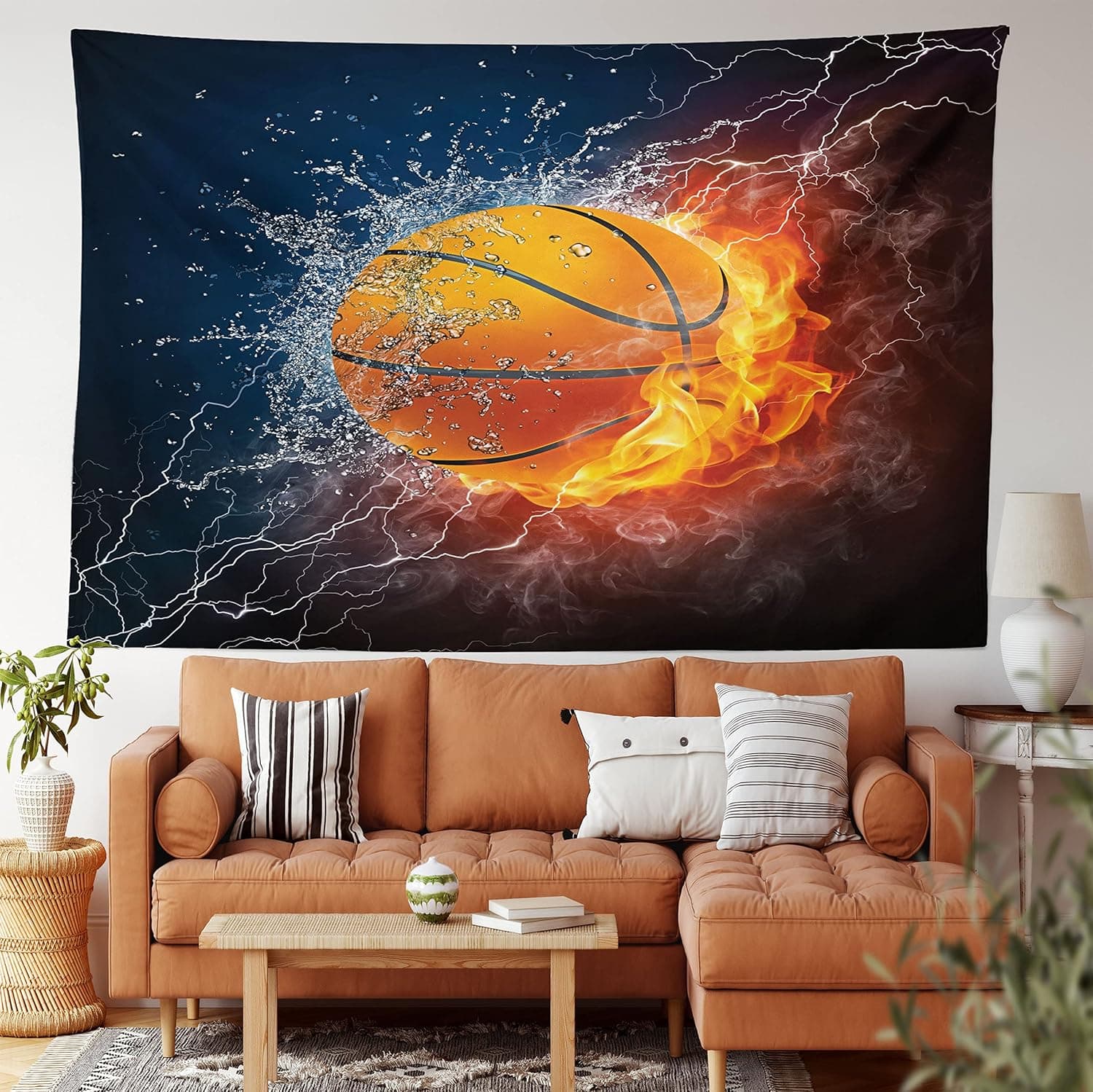 Ambesonne Sports Tapestry, Basketball Ball and Water Splashing Thunder Lightning Themed Design, Wall Hanging for Bedroom Living Room Dorm Decor, 40" X 60", Dark Blue and Burgundy