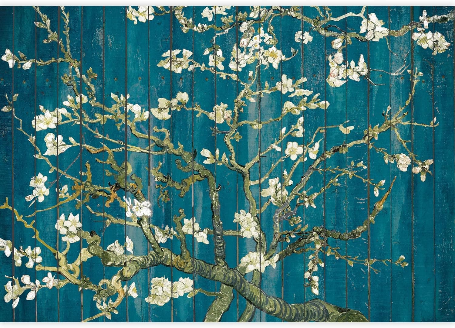 wall26 -"Almond Blossom by Vincent Van Gogh - Floral Painting on a Vibrant Teal Wood Paneled Background - Wall Mural, Removable Sticker, Home Decor - 100x144 inches