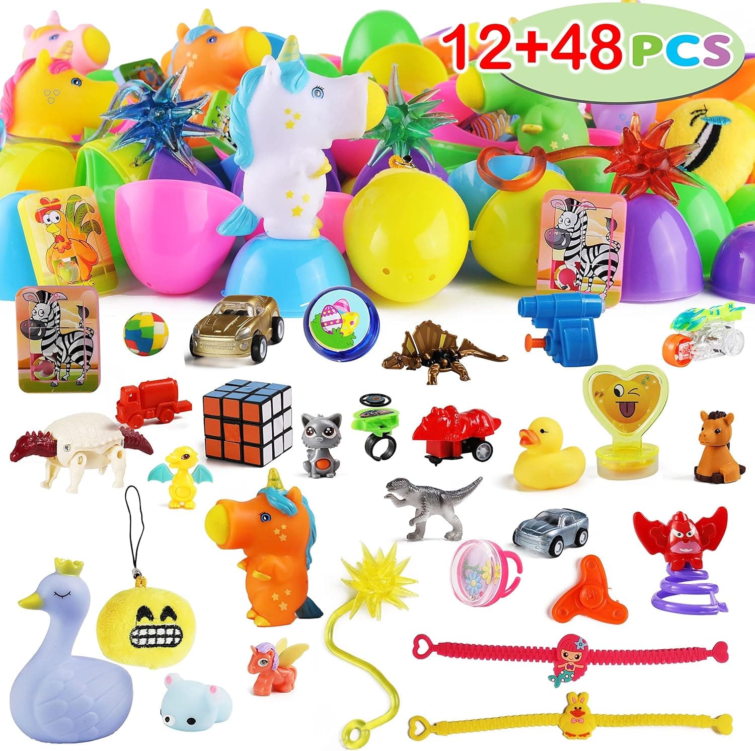 JOYIN 60 Pcs Pre Filled Easter Eggs with Toys Combo Set, 12 3.25” Eggs and 48 2.25” Eggs, Bright Colors Easter Eggs for Easter Basket Stuffers, Easter Party Favors, Easter Egg Hunt, Classroom Events