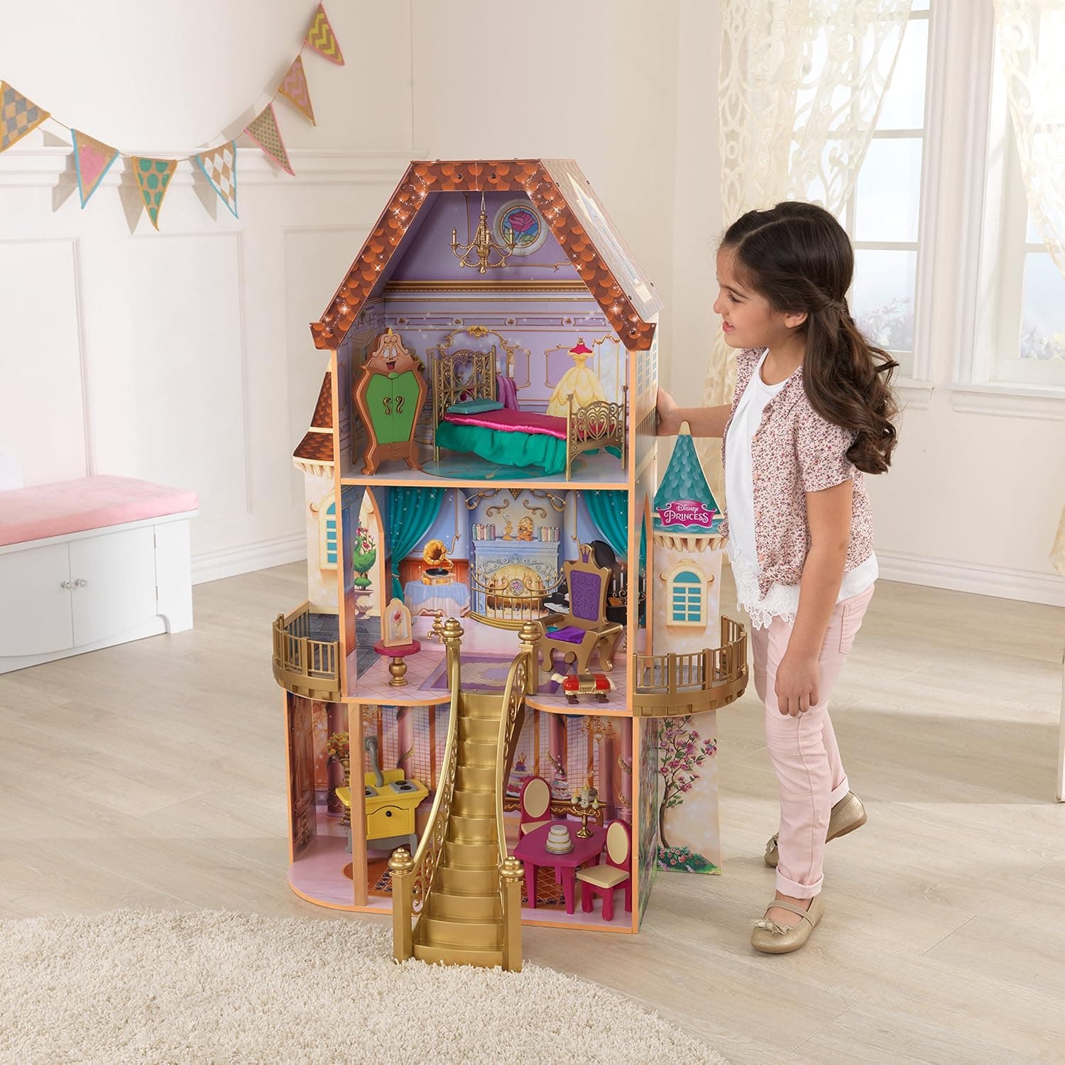 KidKraft Disney Princess Belle Enchanted Wooden Dollhouse, Almost Four Feet Tall, with Balconies, Staircase and 13 Accessories, Gift for Ages 3+