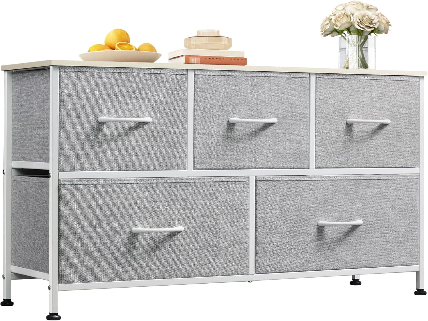 WLIVE Dresser for Bedroom with 5 Drawers, Wide Chest of Drawers, Fabric Dresser, Storage Organization Unit with Fabric Bins for Closet, Living Room, Hallway, Nursery, Light Grey