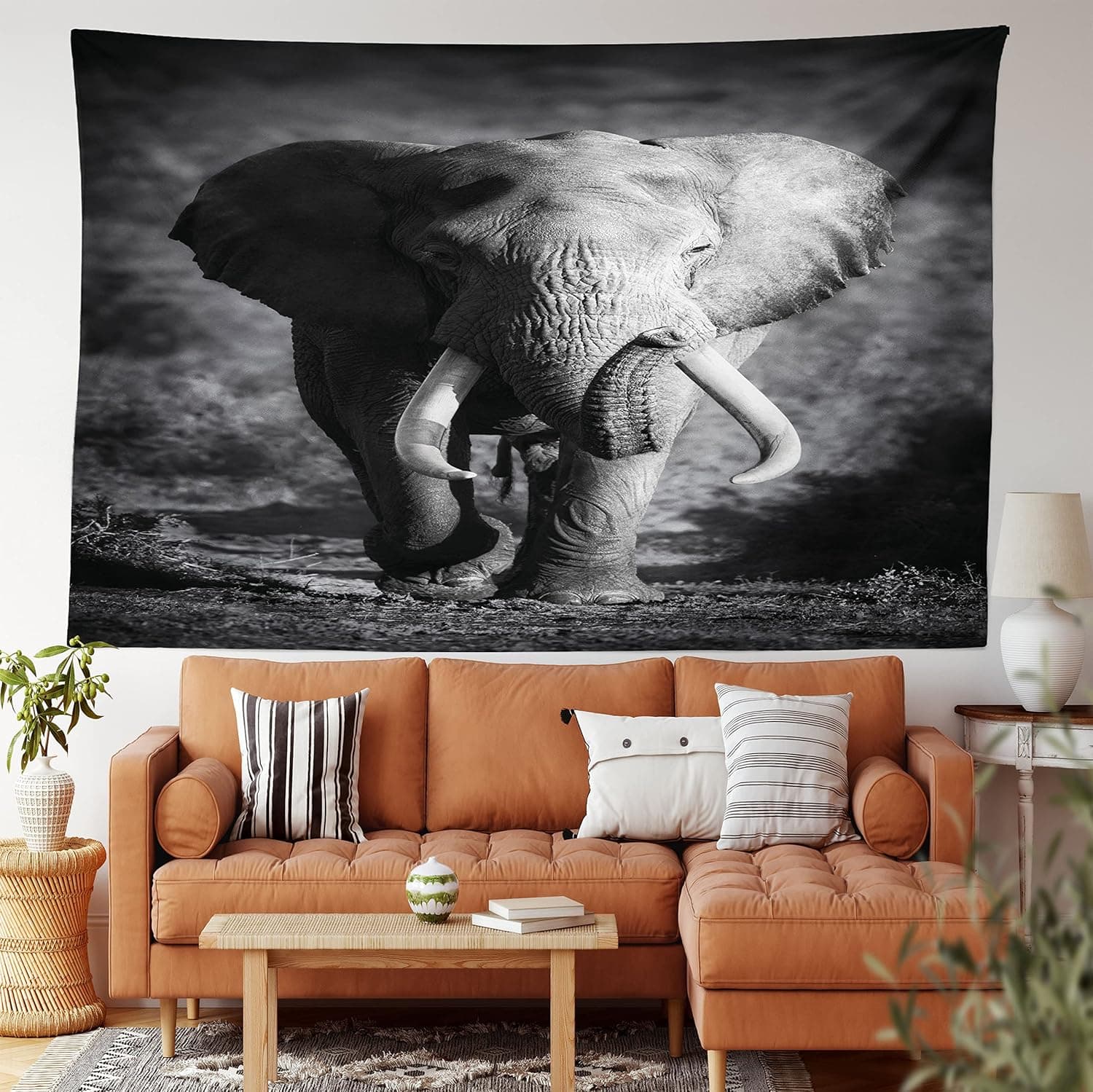 Ambesonne Animal Tapestry, Majestic Bull Approaching Photo Exotic Wild Habitat Mammal Art Print Savannah Print, Wall Hanging for Bedroom Living Room Dorm Decor, 60" X 80", Grey
