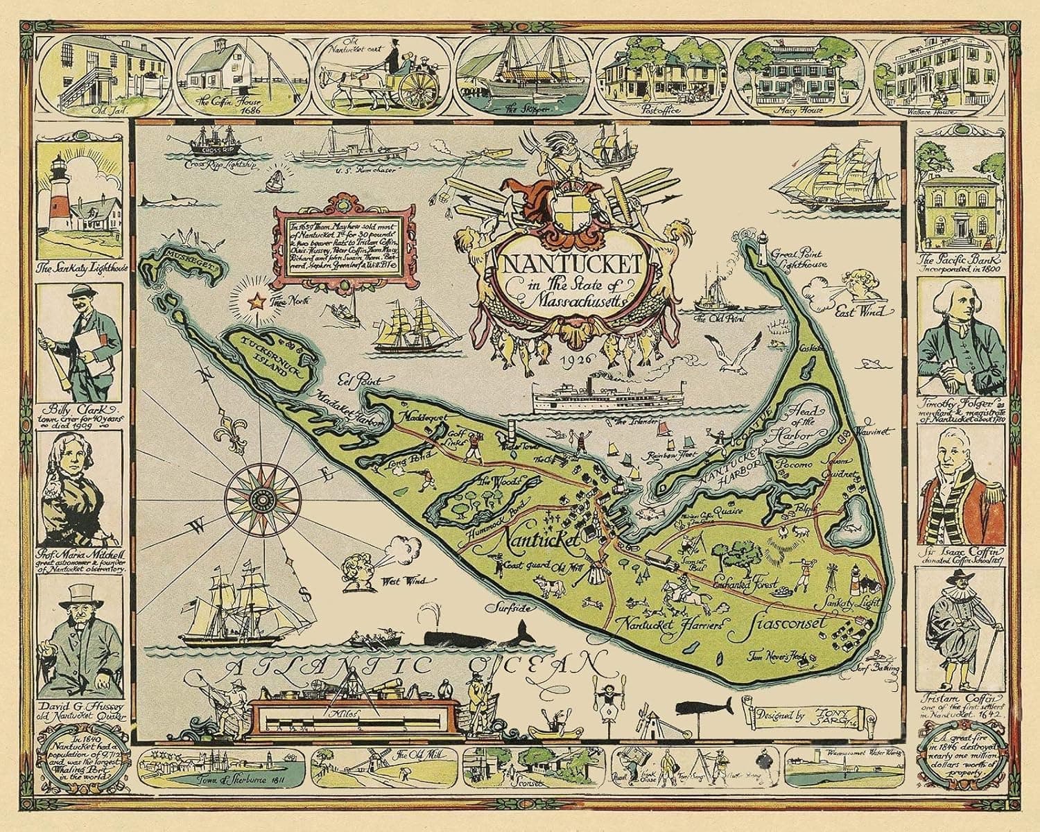 Magnet 1926 Nantucket Island Massachusetts Historic Vintage Style Wall Map Magnet Vinyl Magnetic Sheet for Lockers, Cars, Signs, Refrigerator 5"