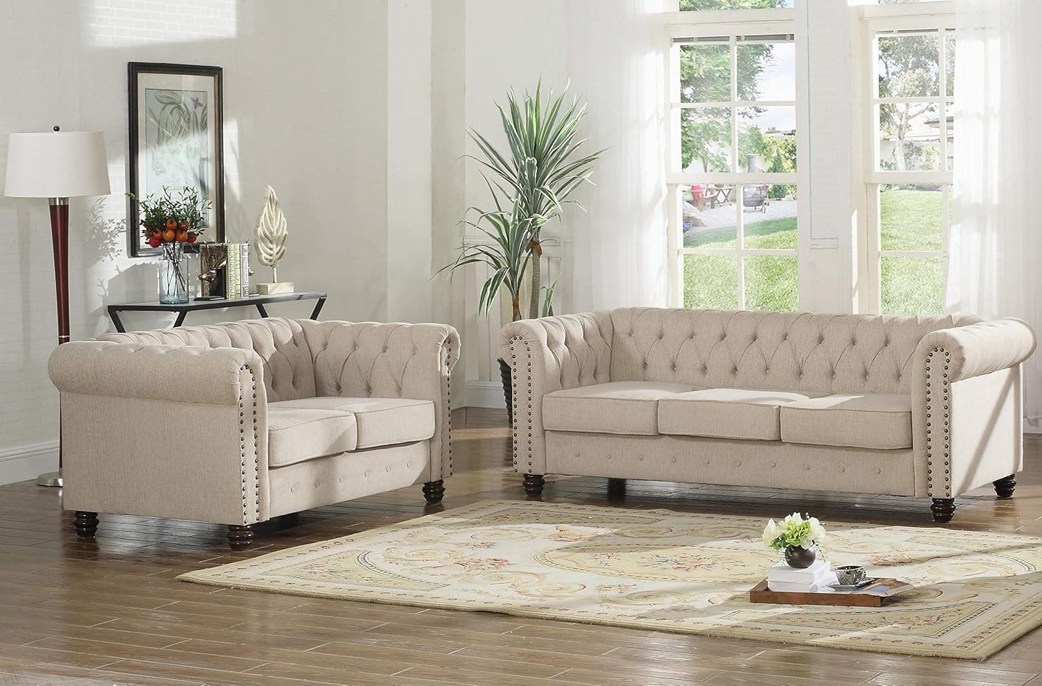 Reaowazo Venice 2 Piece Upholstered Sofa Set, Beige