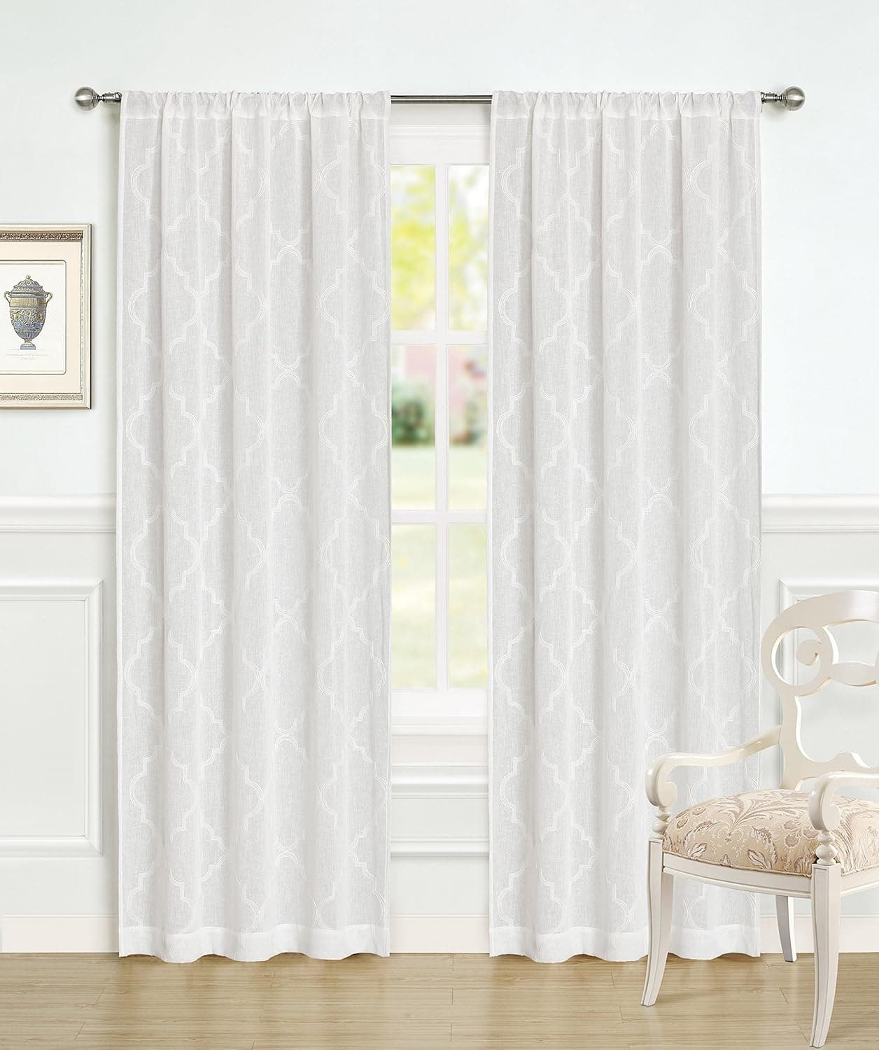 Laura Ashley Windsor Sheer Curtains with Rod Pocket, Each Panel Measures 40" W x 84" L, White, 2 Panels