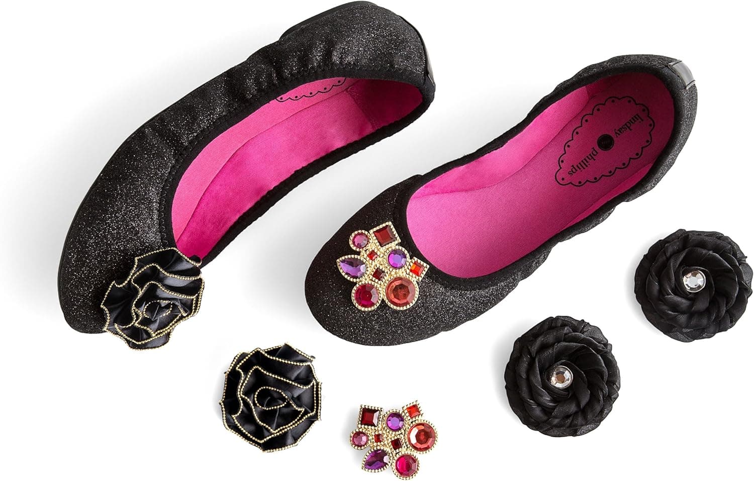 Lindsay Phillips Liz Ballet Flat Black Glitter in a Box Switchflops Plus Two Extra Snaps