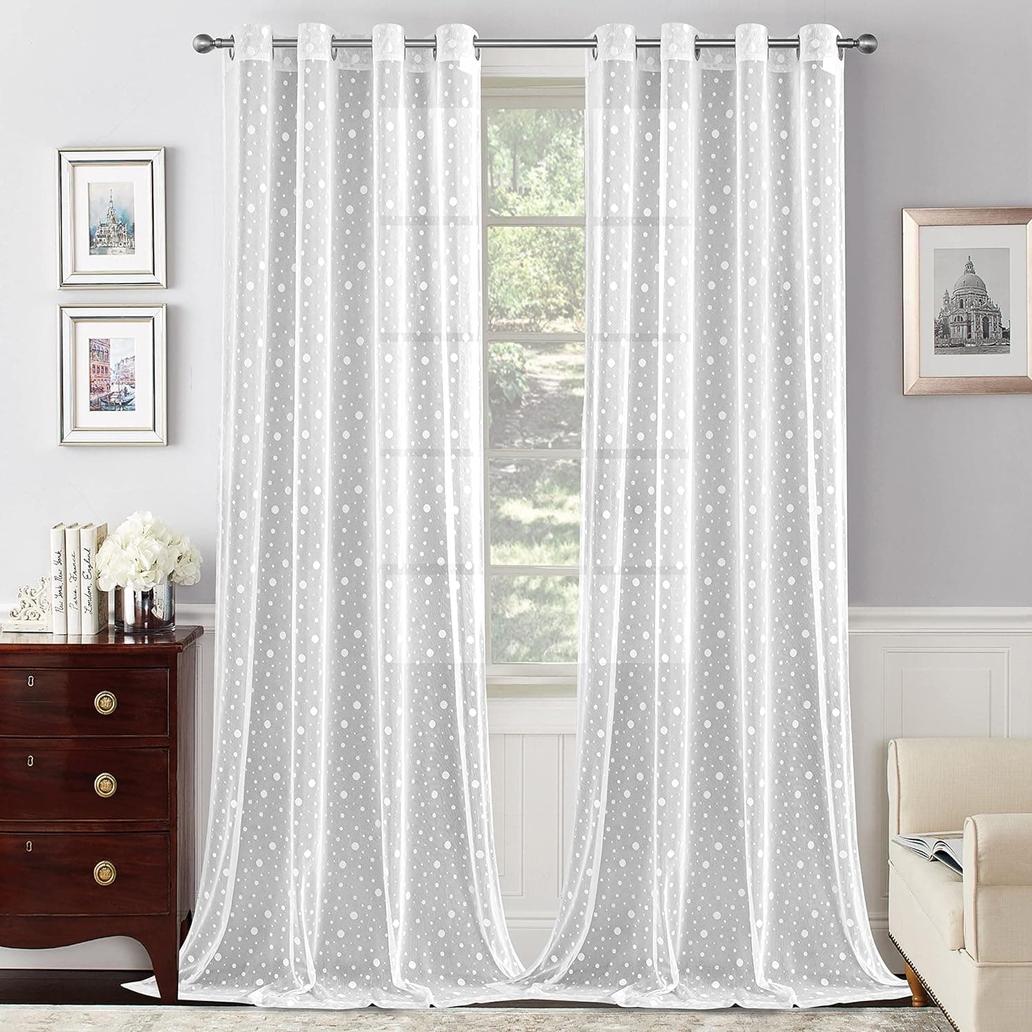 HIGHSEASON Gray Raindrops Style Sheer Curtains 96 inches Long,Grommet Draperies for Living Room/Bedroom(Gray,Set of 2,52 x 96 Inch Length)