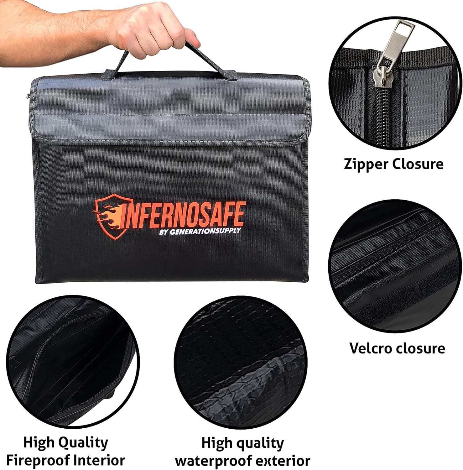 Fireproof Document Bag Waterproof w/Shoulder Strap & File Folders, Fire Resistant Safe, Non-Itchy Silicon Coated, Heavy Duty Protection for Valuable Documents, Jewelry, Passports, Money