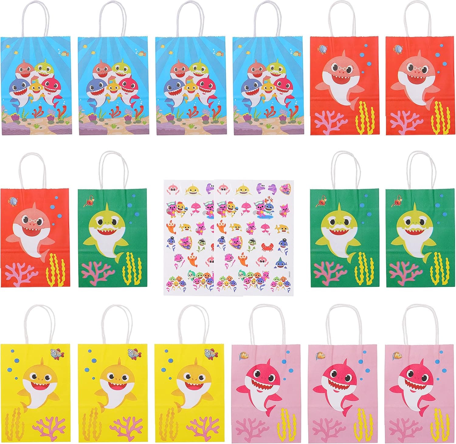 16 Pcs Baby Shark Party Favor Bags, 50 Pcs Temporary Tattoos Cute Shark Birthday Gift Bags for Boy Girl Party, Cute Shark Treat Kraft Paper Bags (16 Bags)