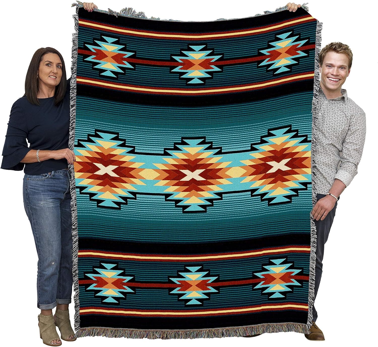 Pure Country Weavers Aydin Turquoise Blanket - Southwest Native American Inspired - Gift Tapestry Throw Woven from Cotton - Made in The USA (72x54)