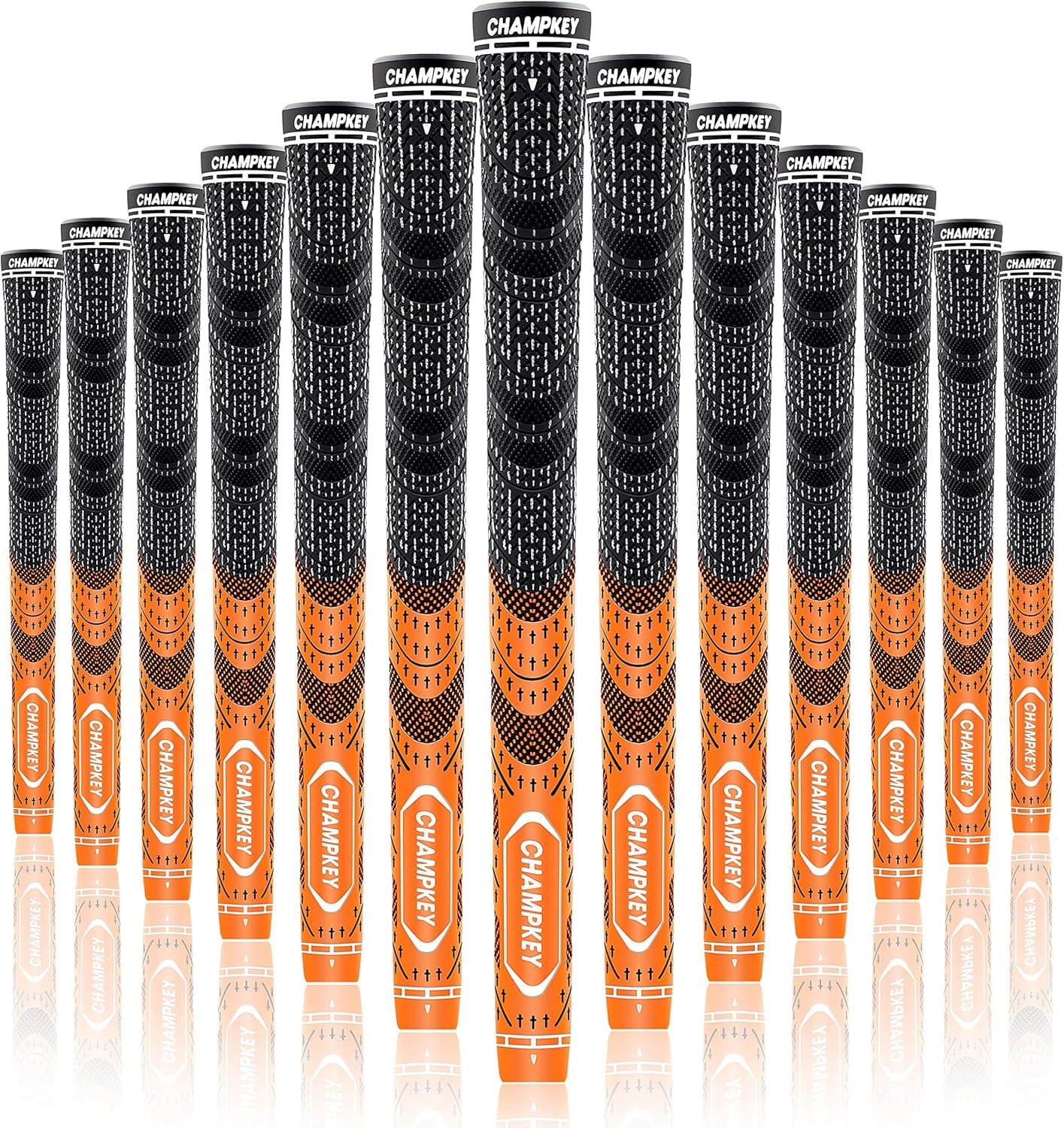 Champkey MCS Golf Grips Set of 13 (5 Oz Solvent,Blade,15 Tapes & Vise Clamp Available)-Choose Between 13 Grips & All Repair Kits and 13 Grips & 15 Tapes(Orange/Black,M)