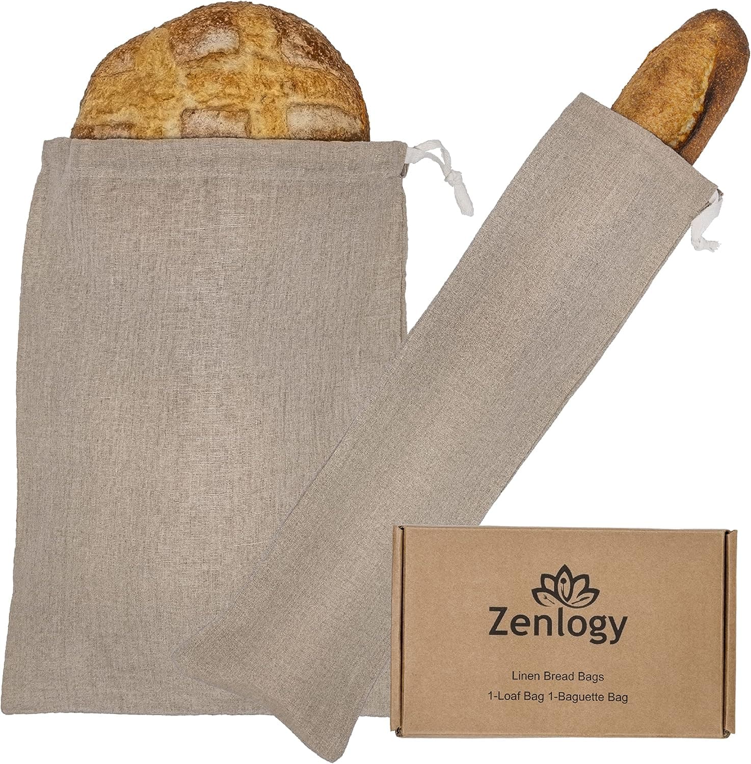 Reusable Linen Loaf Bags - 100% Linen - Set of 2 - For Artisan Breads, Storage, Groceries (1Baguette + 1Loaf Bags)