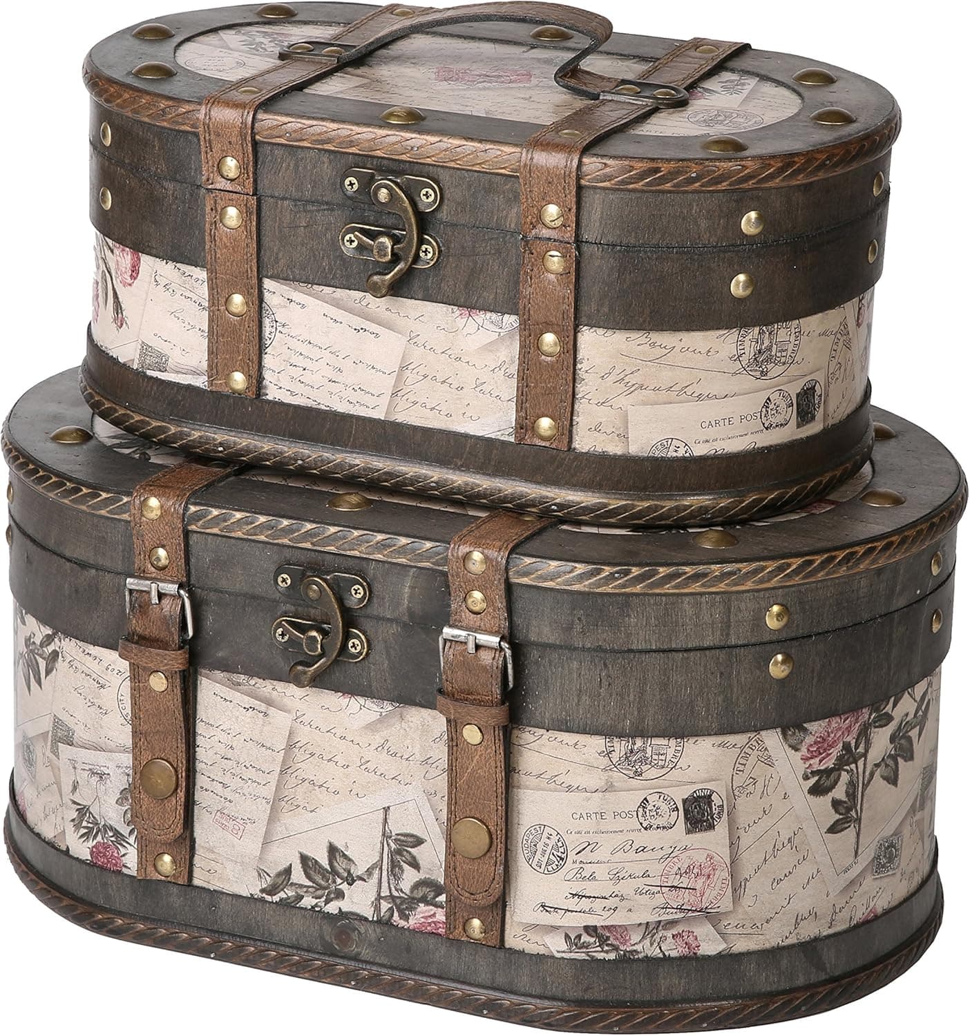 Elegant Vintage Wooden Boxes with Hinged Lids - Set of 2, Roses: Antique Train Case Style, Decorative Storage & Memory Chests, Charming Wooden Trunks for Home Décor and Organization (Alyssa)
