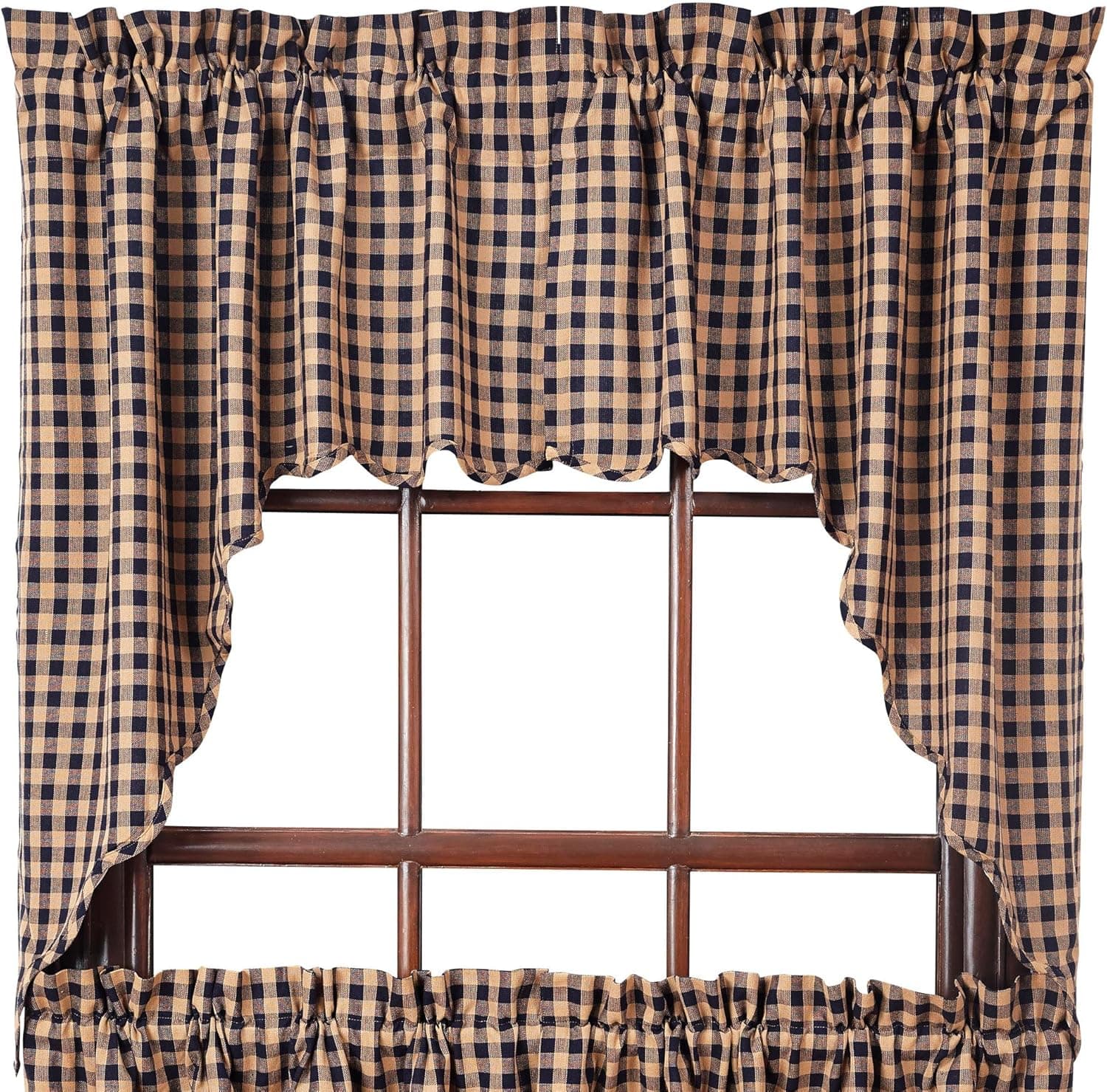 VHC Brands Navy Check Lined Rod Pocket Swag in Blue and Tan (Set of 2)