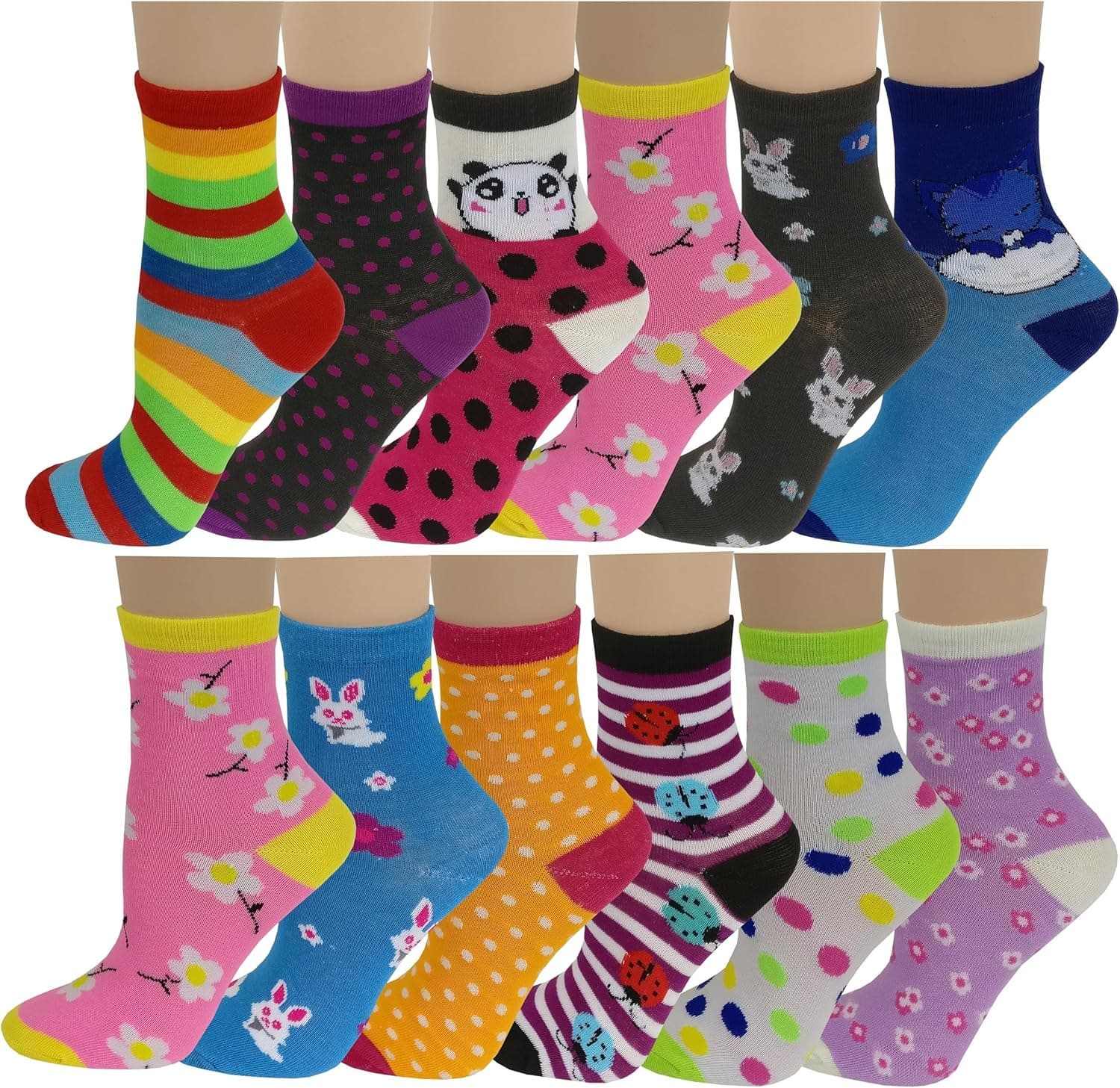 Different Touch 12 Pairs Pack Kids Girls Colorful Creative Fun Novelty Design Crew Socks