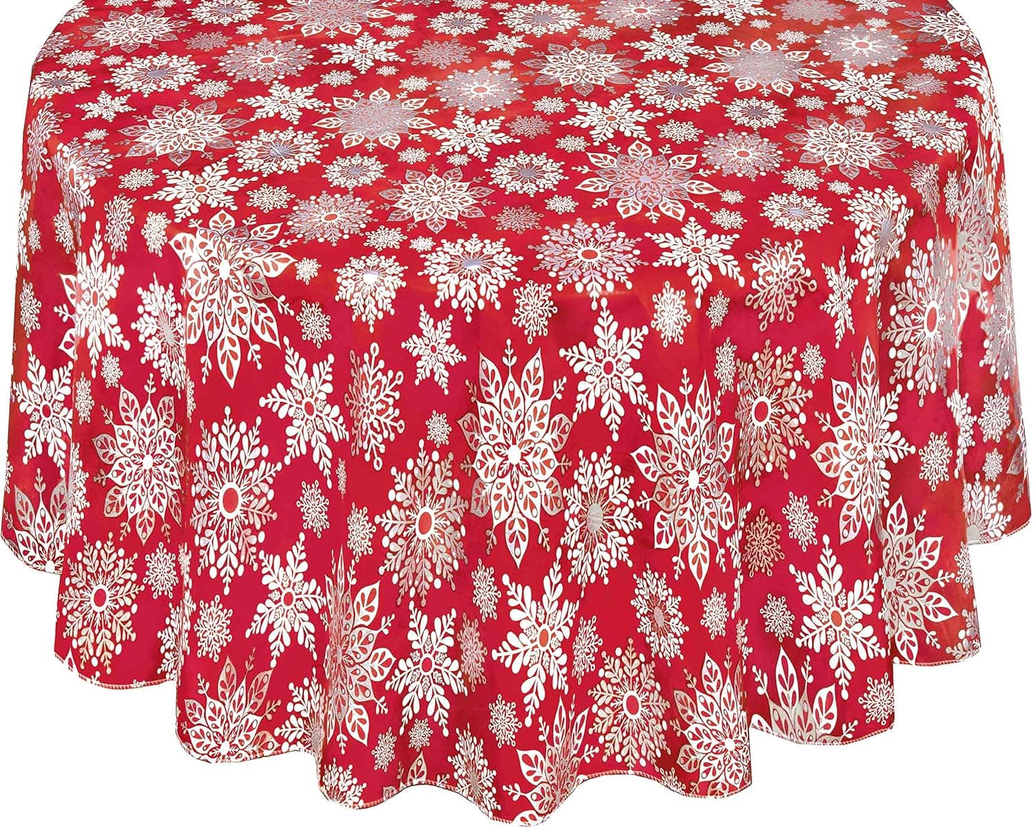 Newbridge Winter Sparkle Snowflake Red and Silver Grey Vinyl Flannel Backed Tablecloth - Red Snowflake Print Wipe Clean Easy Care Holiday Tablecloth, 60” x 84” Oval, Red/Silver