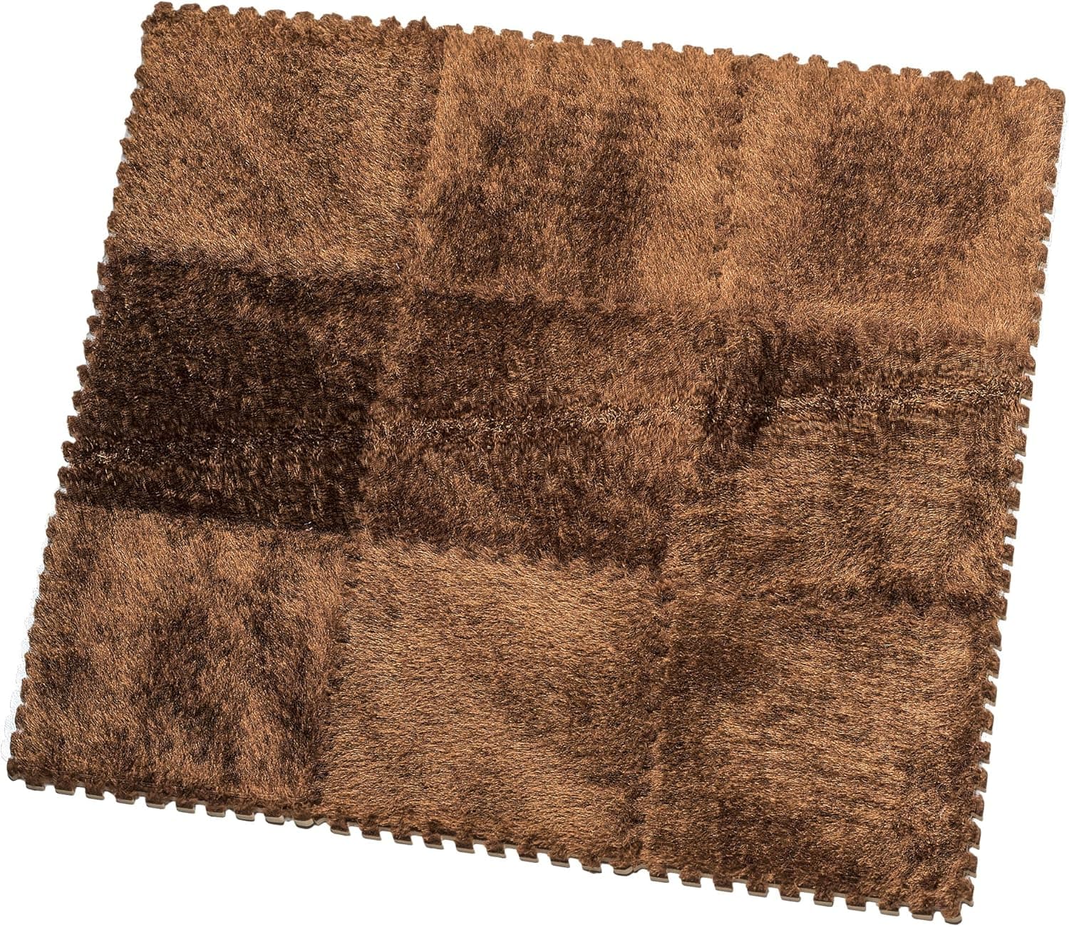 HemingWeigh Fuzzy Area Rug - 9 Fluffy Carpet Tiles for Kids - Ideal for Nursery Décor, Baby Room, Playroom and Kids Room. Plush, Velvet-Like Texture, Anti-Slip & Durable Rug (Brown)