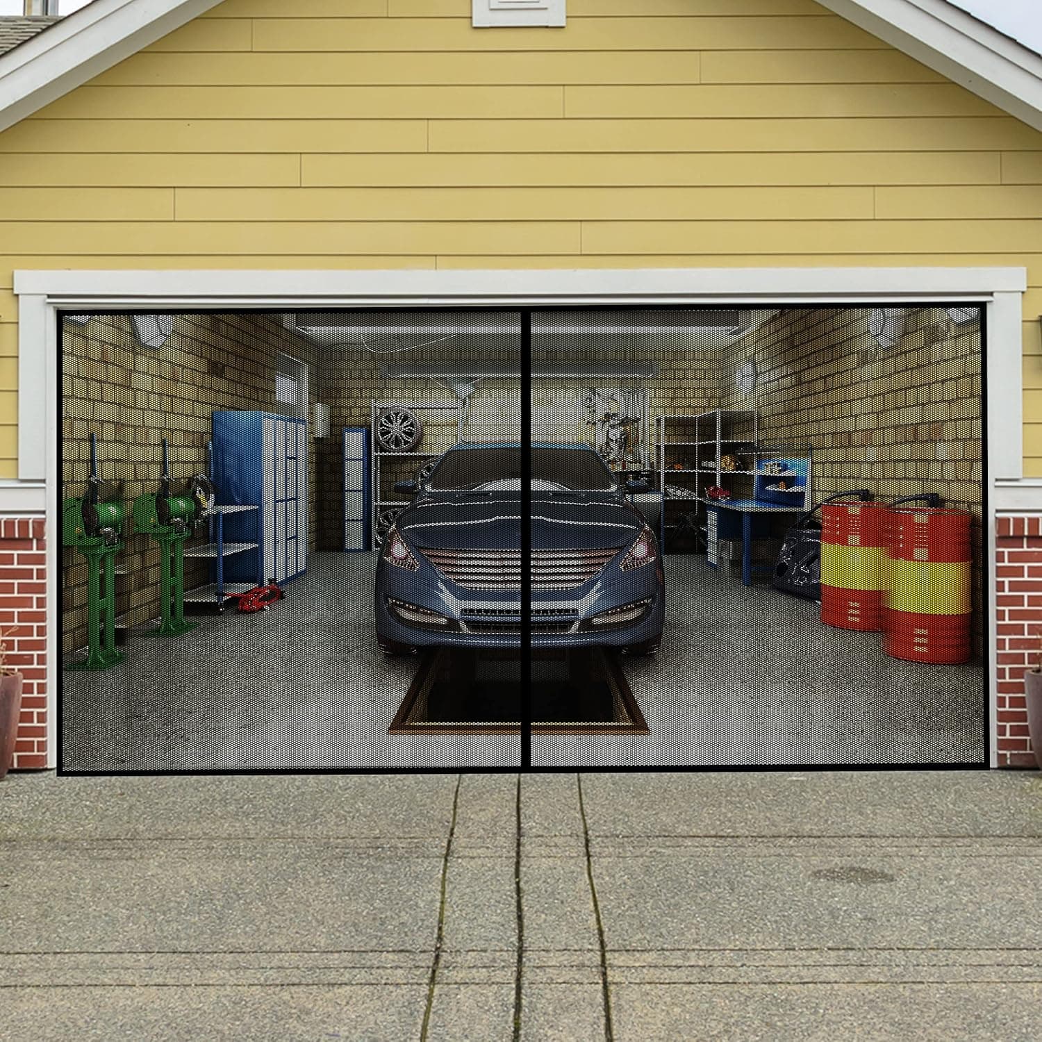 Petra Magnetic Garage Door Screen for 2 Car 16x7 ft- Made of Heavy-Duty Fiberglass Screen with High Energy Magnets, Easy Install Hands Free Magnetic Screen Door, Anti Dust Screen Door