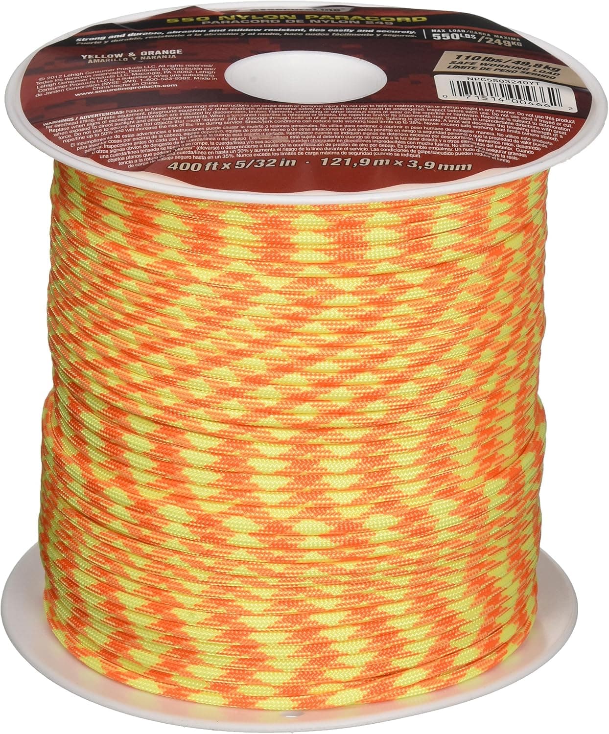 SecureLine NPC5503240YT 5/32-Inch X 400-Feet Military Grade 550 Nylon Paracord, Yellow/Orange