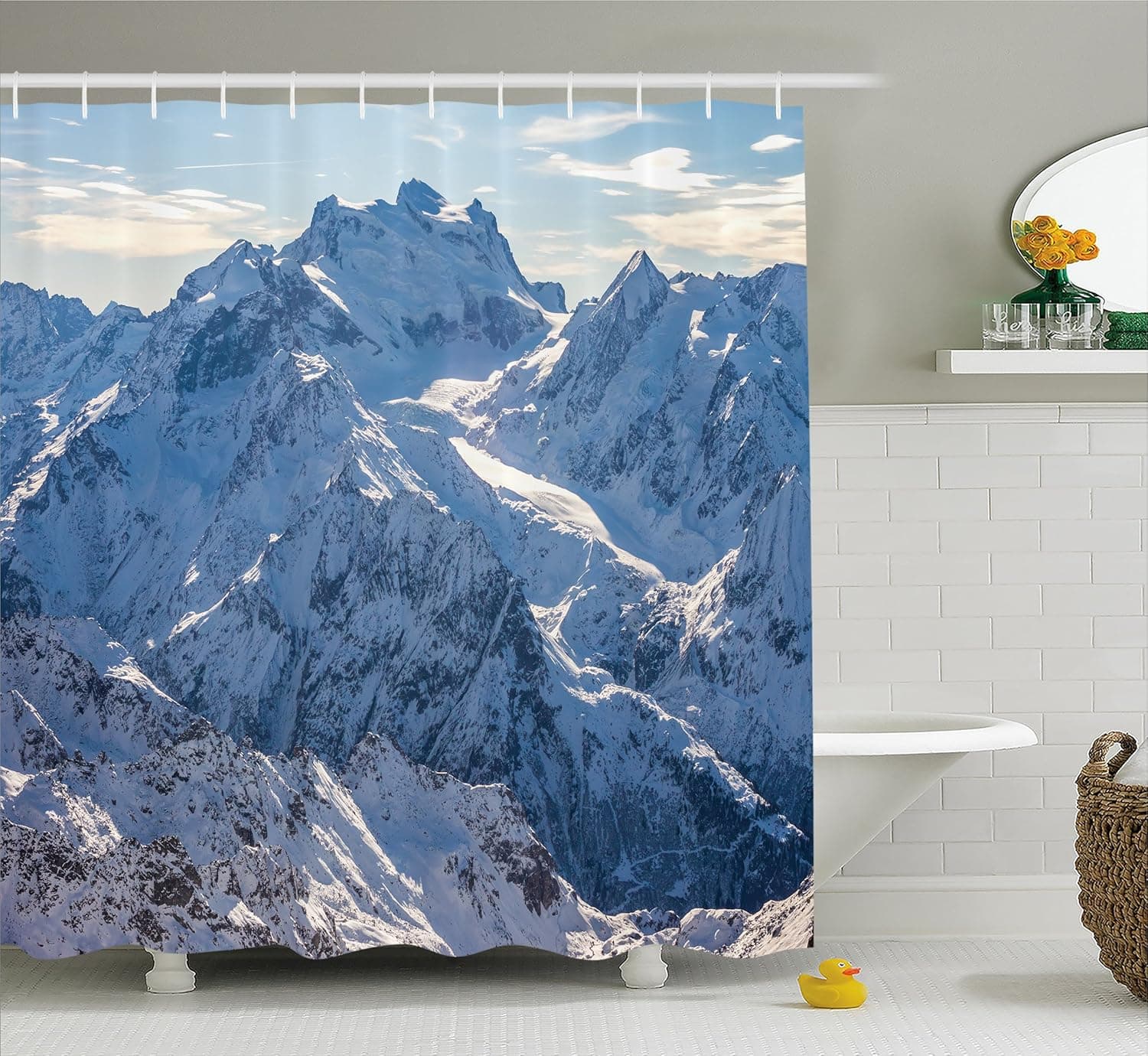 Ambesonne Mountain Shower Curtain, Snowy Mountain Scene Under The Sky Winter Wilderness Untrodden Nature Print, Cloth Fabric Bathroom Decor Set with Hooks, 69" W x 70" L, White and Blue