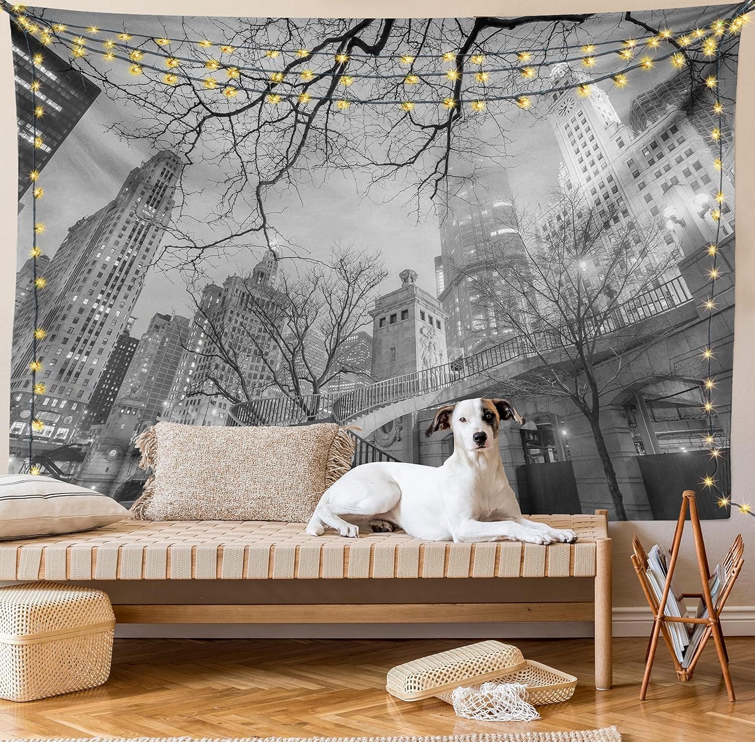 Ambesonne Black and White Decorations Tapestry, Chicago Downtown Night Highrise Buildings Tree Branches, Wall Hanging for Bedroom Living Room Dorm, 60" X 40", Grey Black White