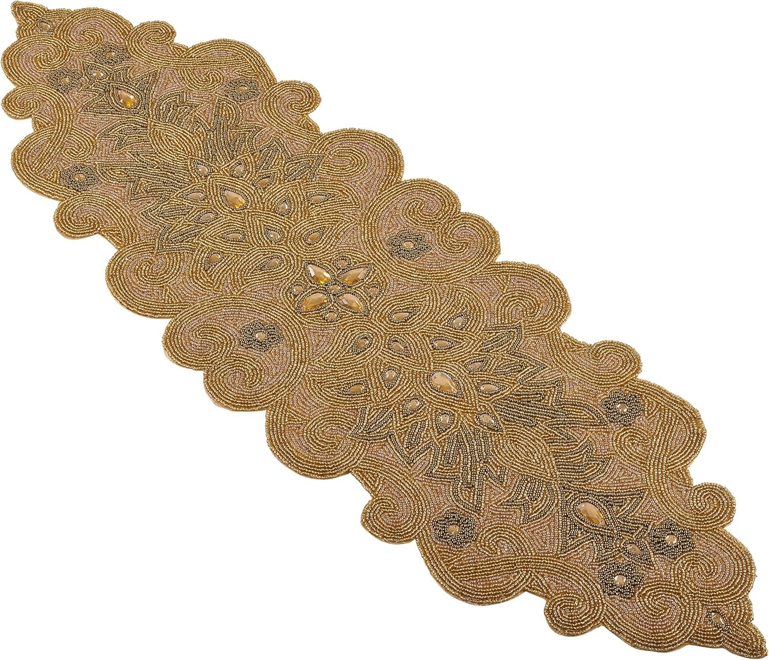 SARO LIFESTYLE Beaded Scroll Motif Design Table Runner, 12" x 38", Gold